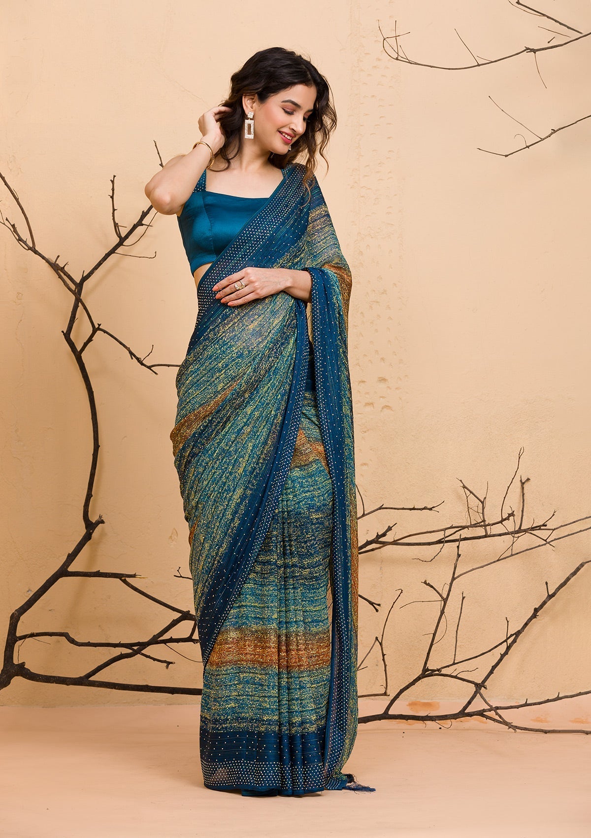 Peacock Blue Chiffon Designer Saree