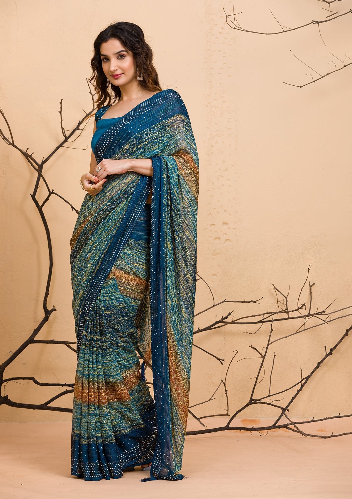 Peacock Blue Chiffon Designer Saree