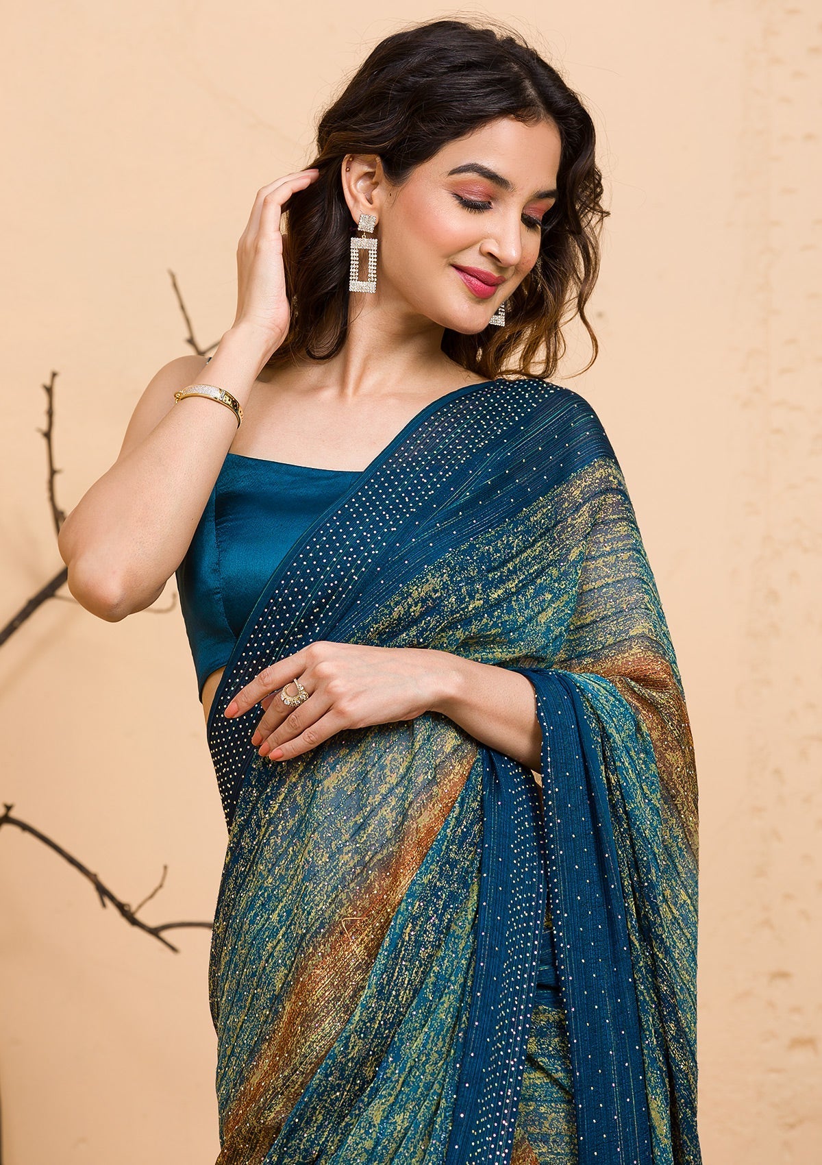 Peacock Blue Chiffon Designer Saree