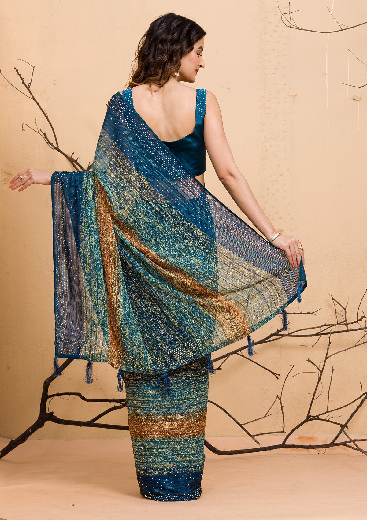 Peacock Blue Chiffon Designer Saree