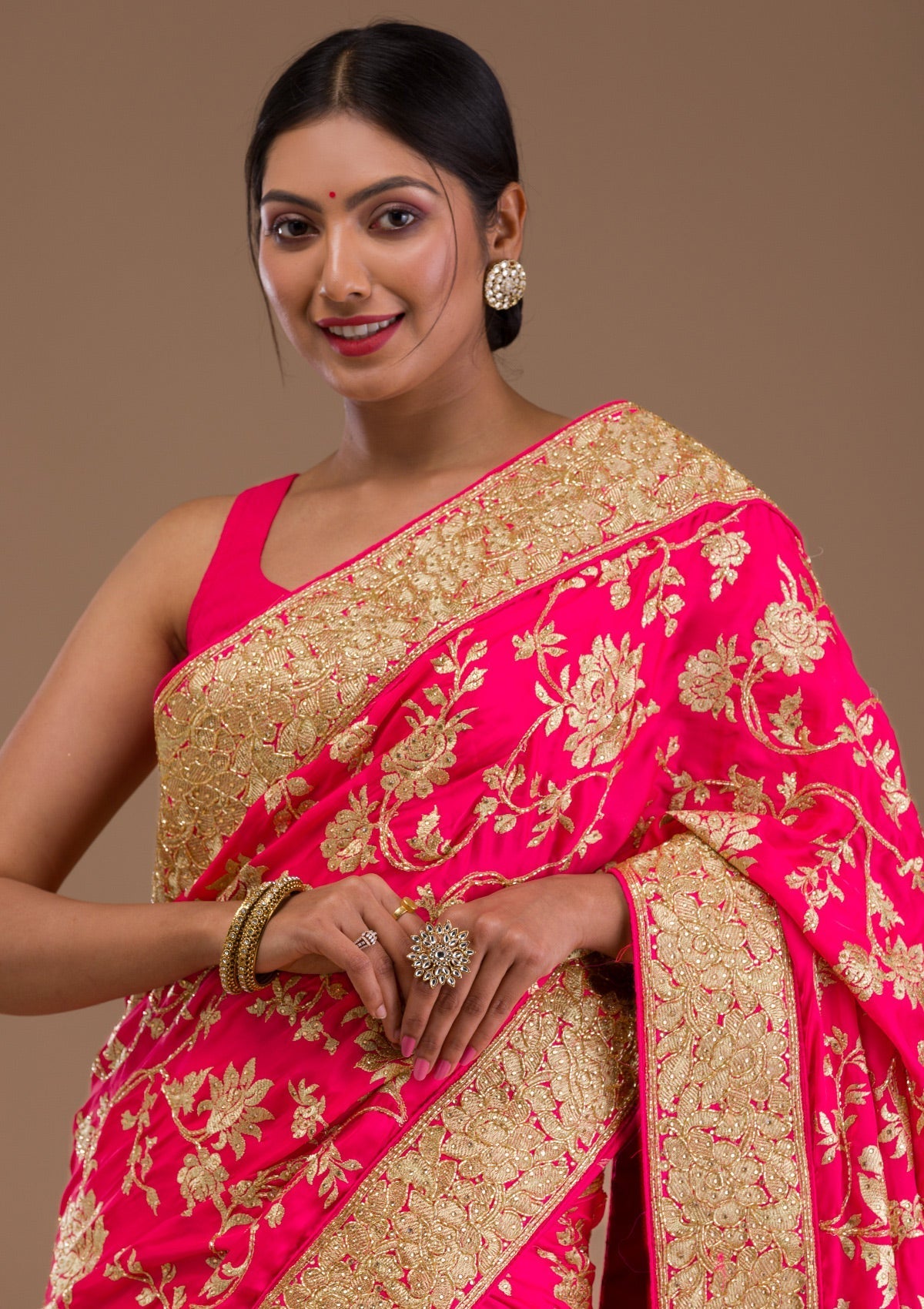 Pink Zariwork Crepe Saree