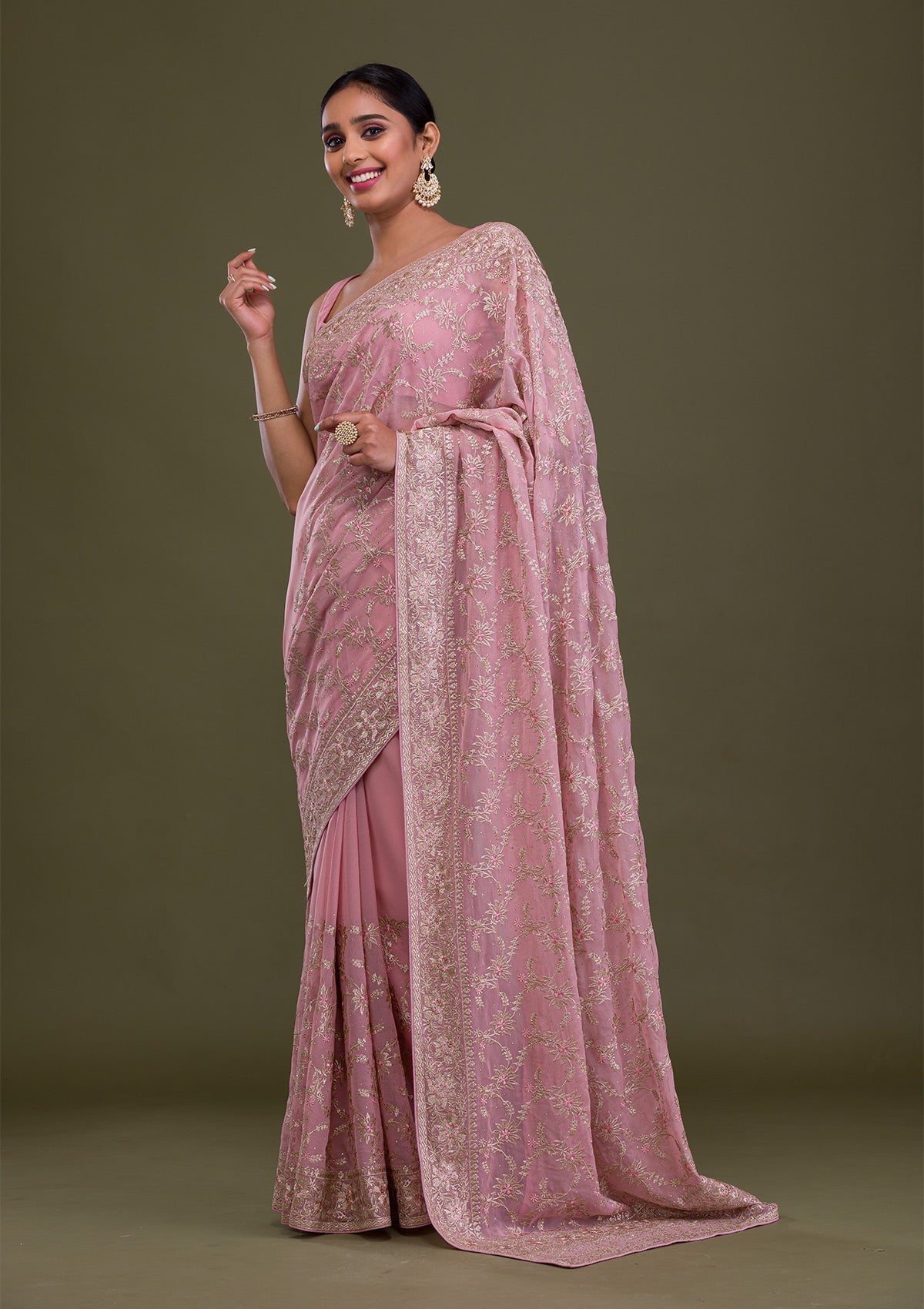 Pink Zariwork Georgette Saree