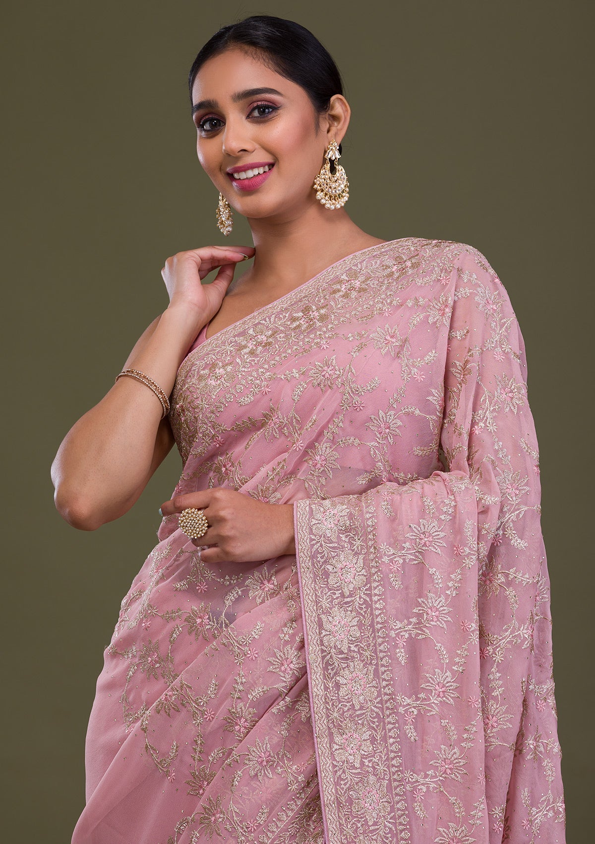 Pink Zariwork Georgette Saree