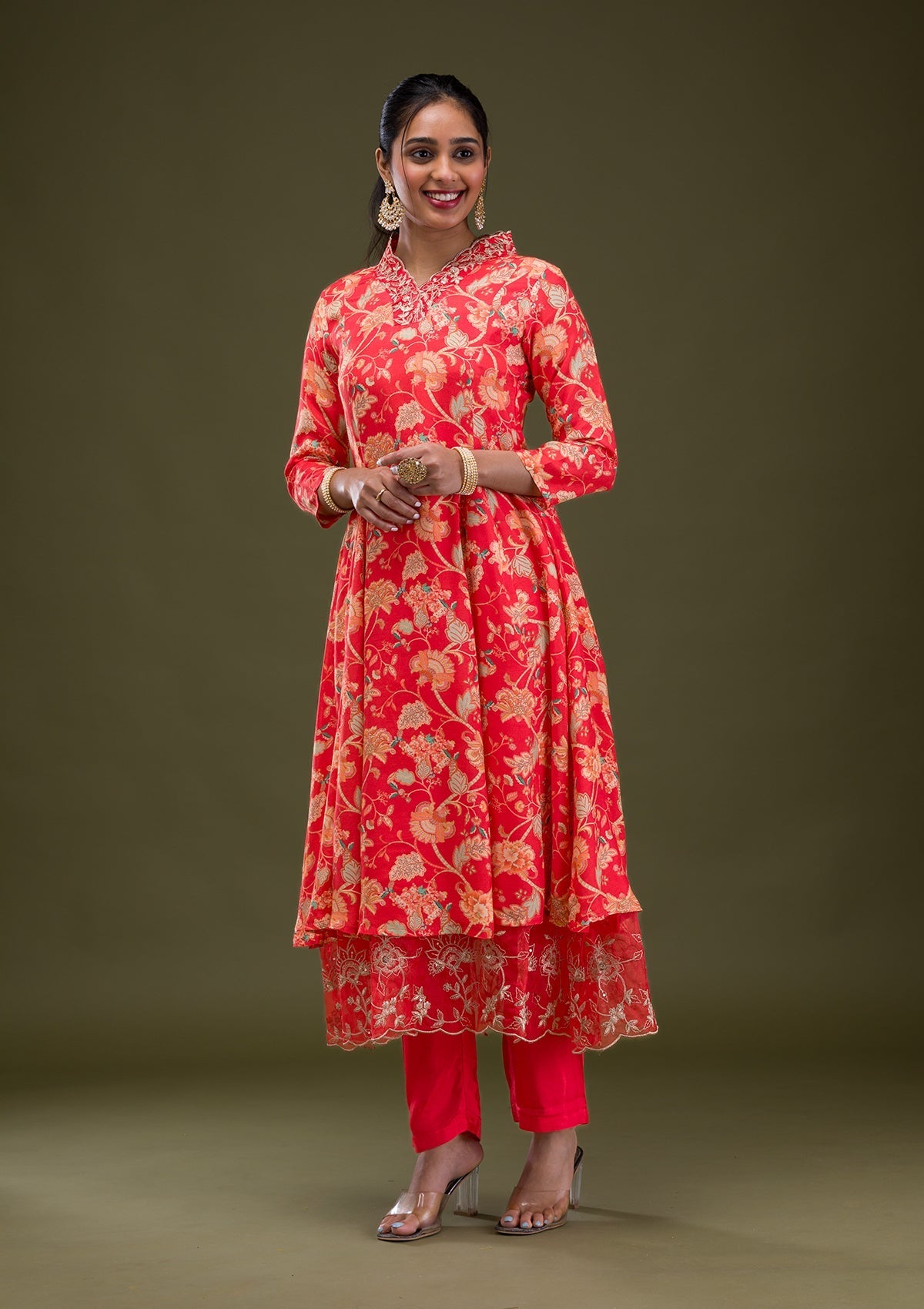 Red Printed Semi Crepe Readymade Salwar Suit