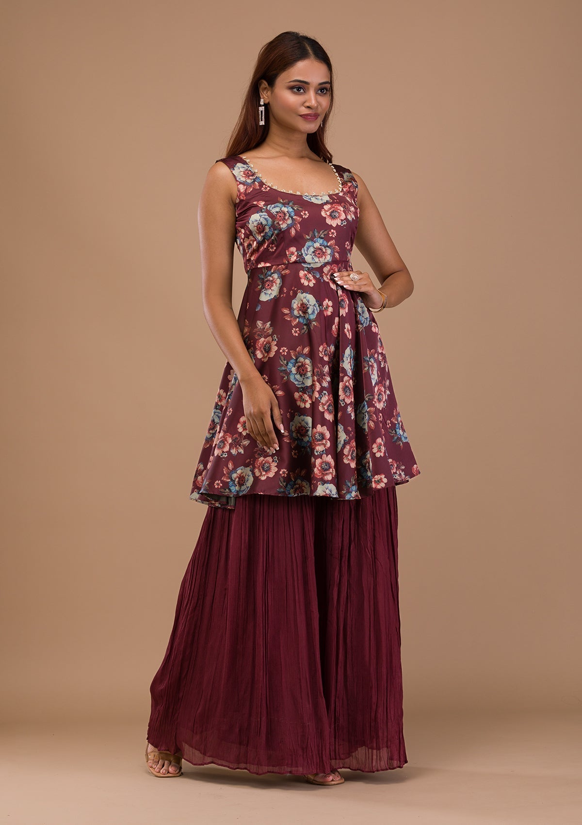 Rust Printed Semi Crepe Readymade Sharara Suit