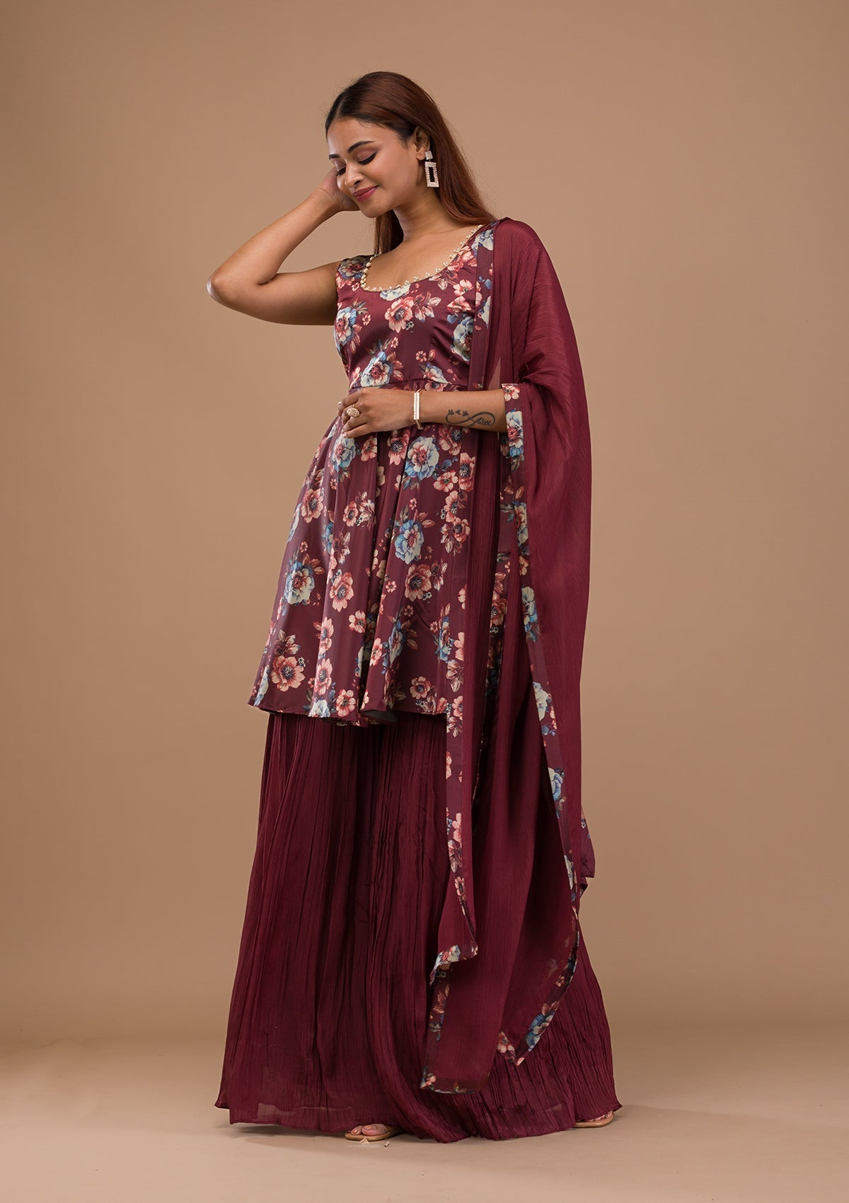 Rust Printed Semi Crepe Readymade Sharara Suit