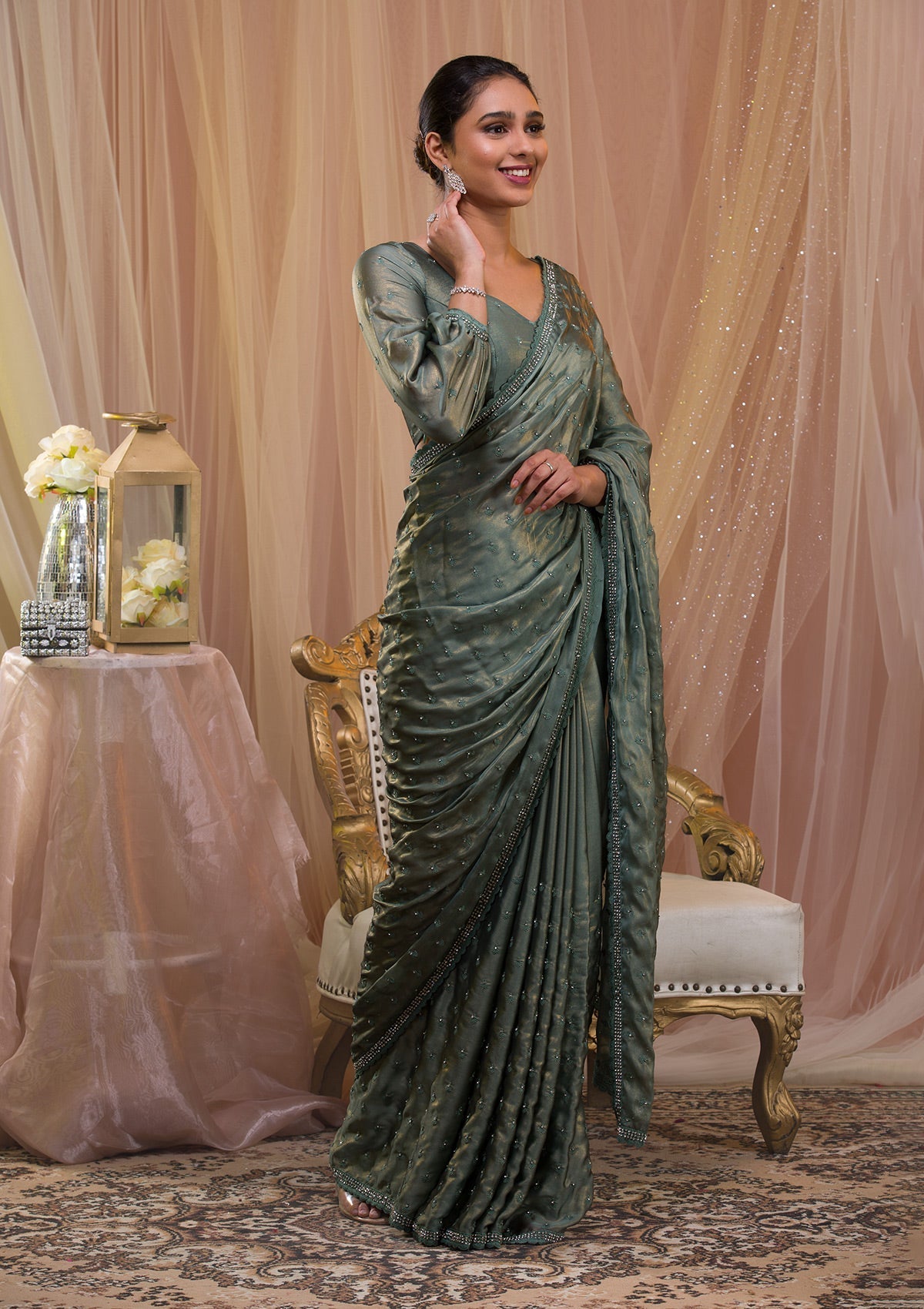 Sea Green Stonework Crepe Designer Saree