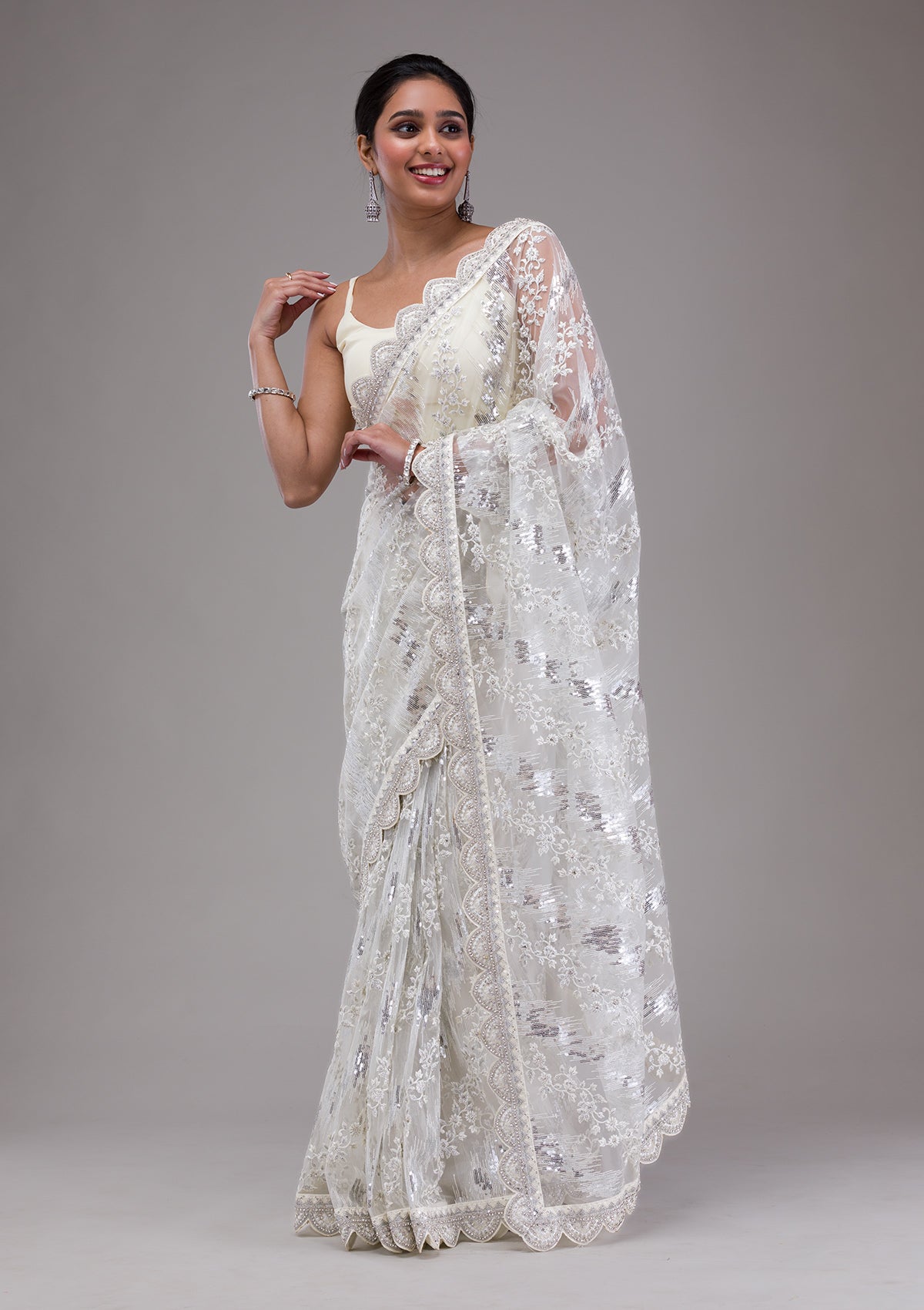 White Threadwork Net Saree