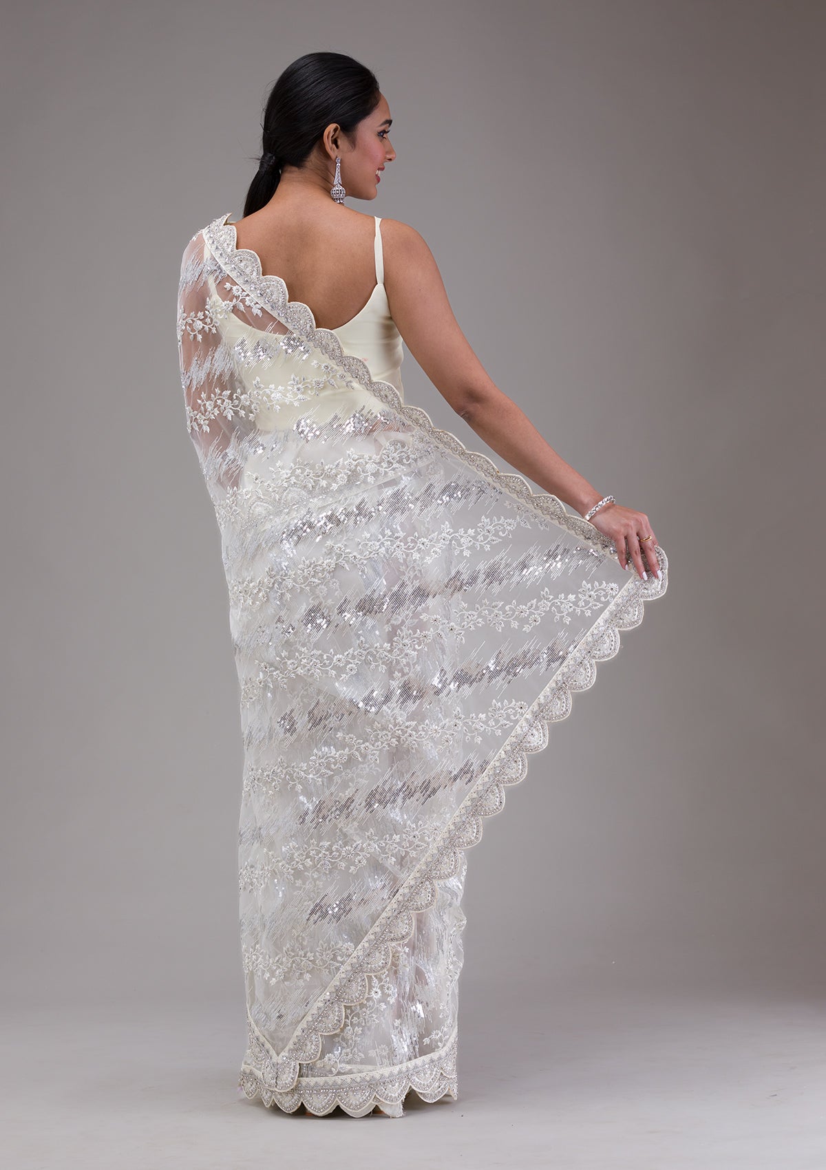 White Threadwork Net Saree