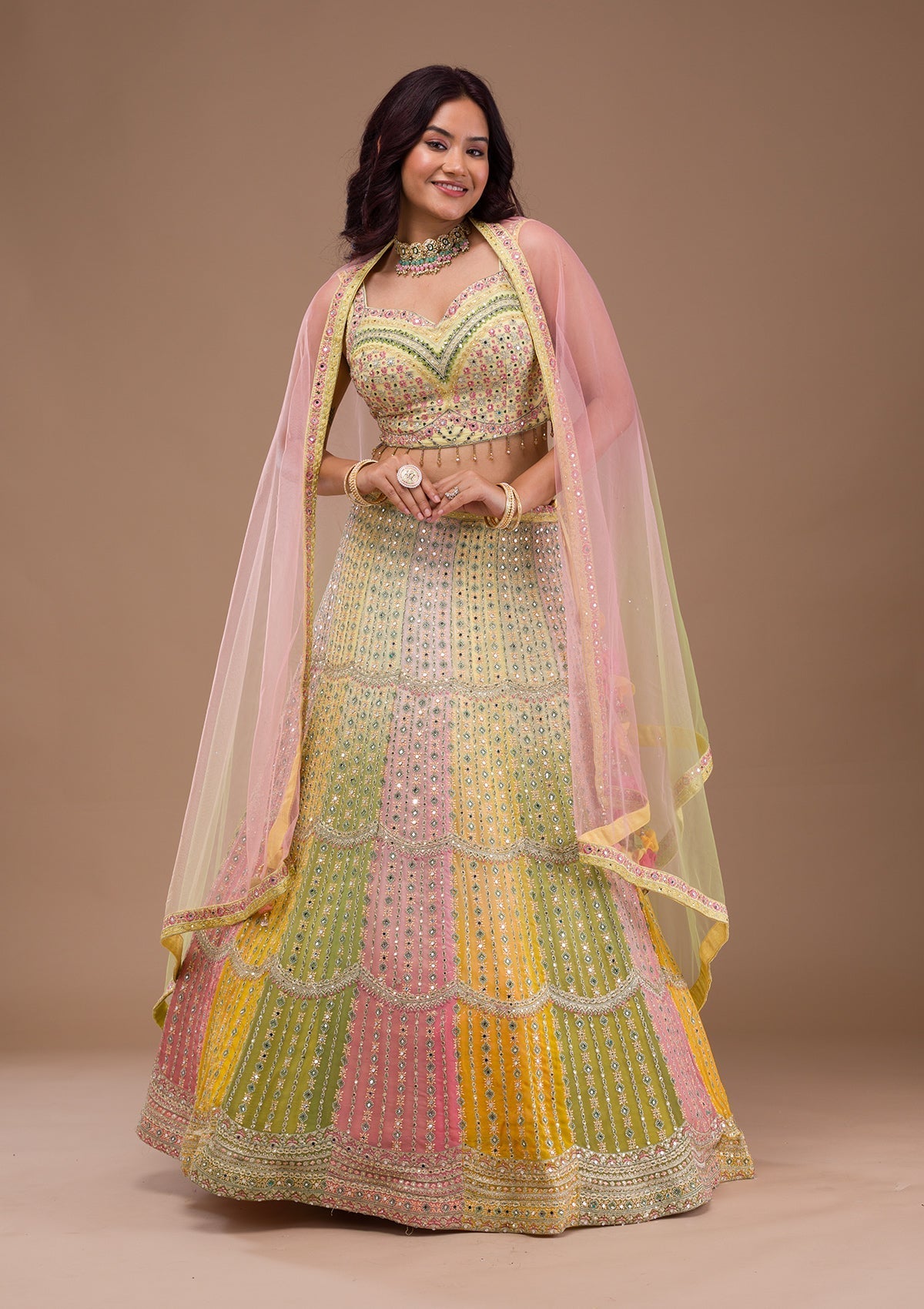 Yellow Mirrorwork Georgette Readymade Lehenga