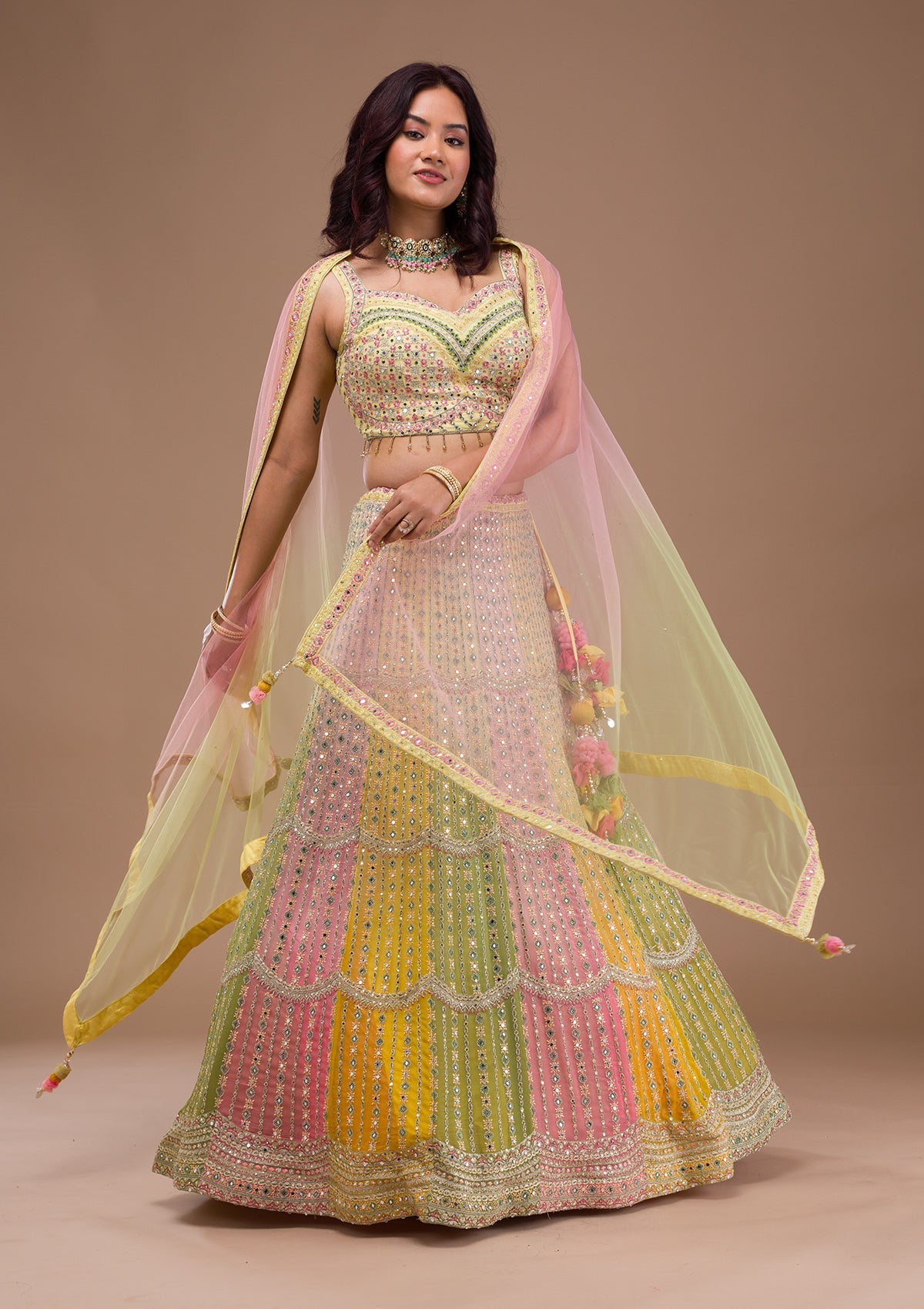 Yellow Mirrorwork Georgette Readymade Lehenga