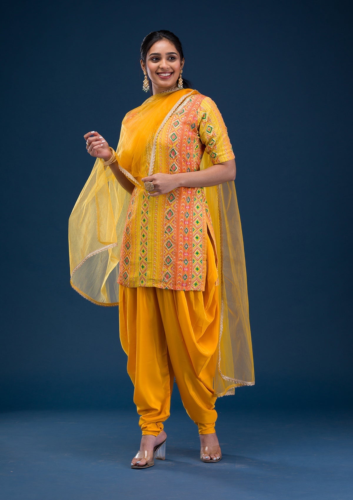 Yellow Printed Georgette Readymade Salwar Suit