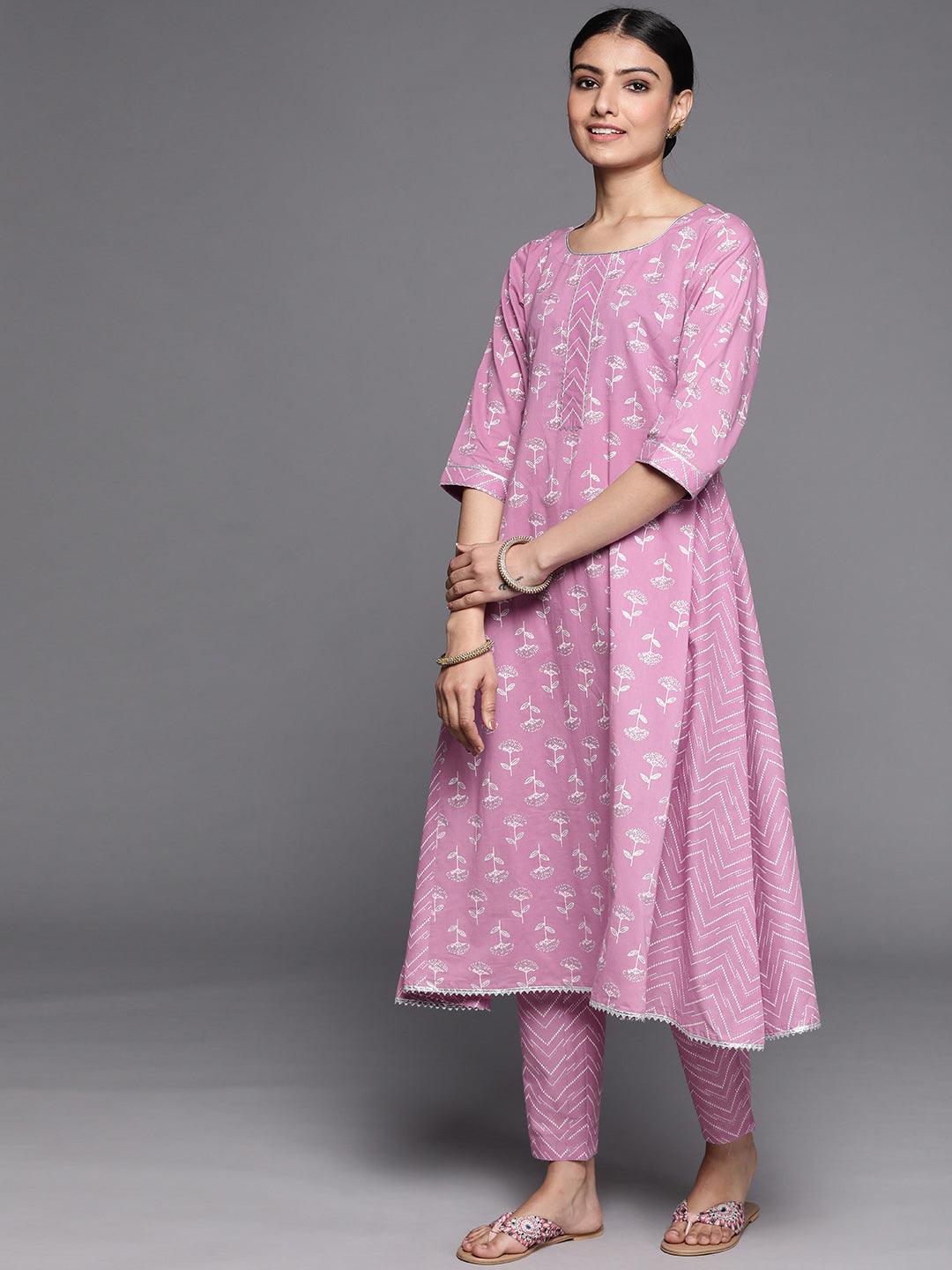 Lavender Printed Cotton A-Line Kurta With Dupatta