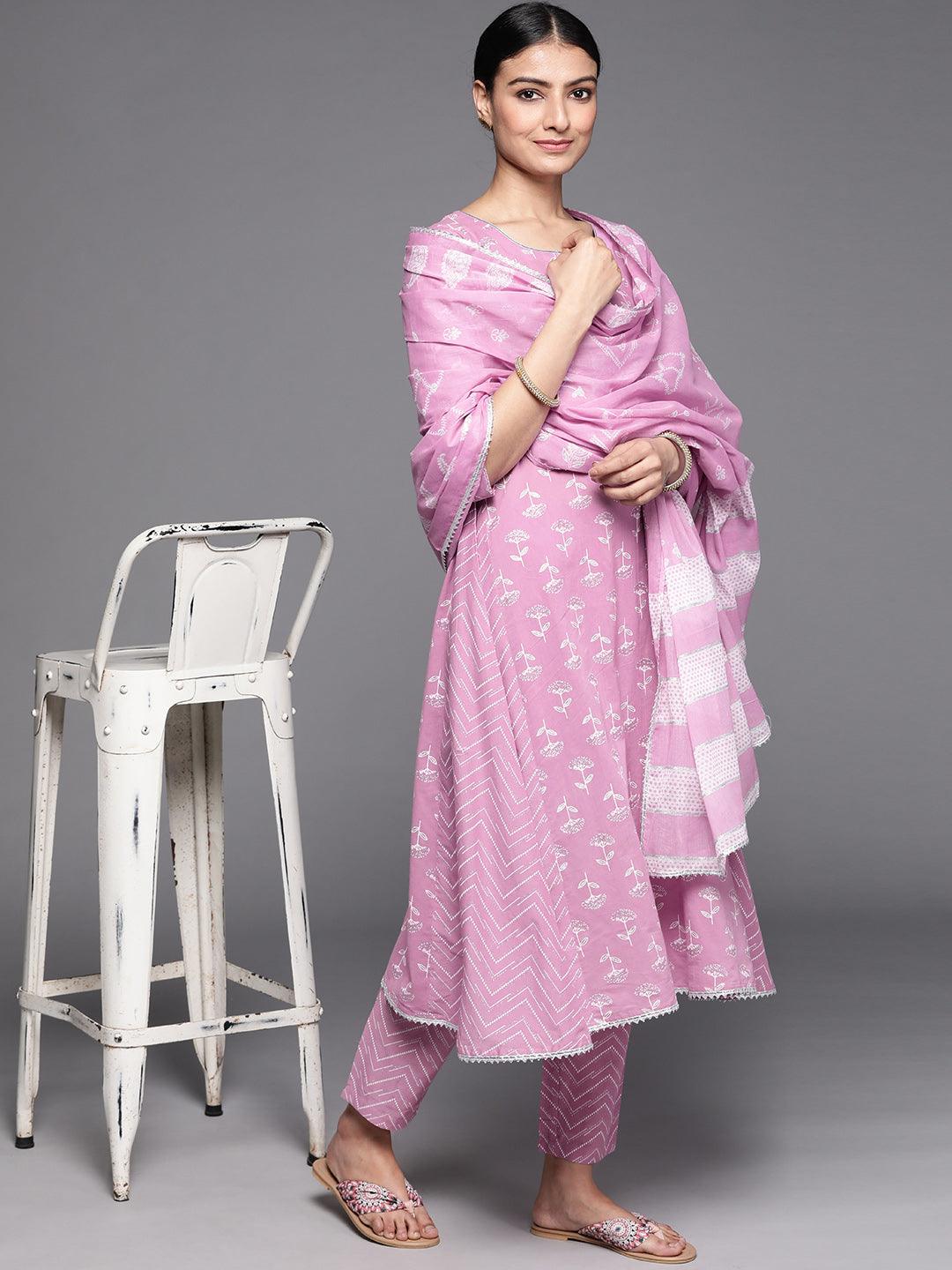 Lavender Printed Cotton A-Line Kurta With Dupatta