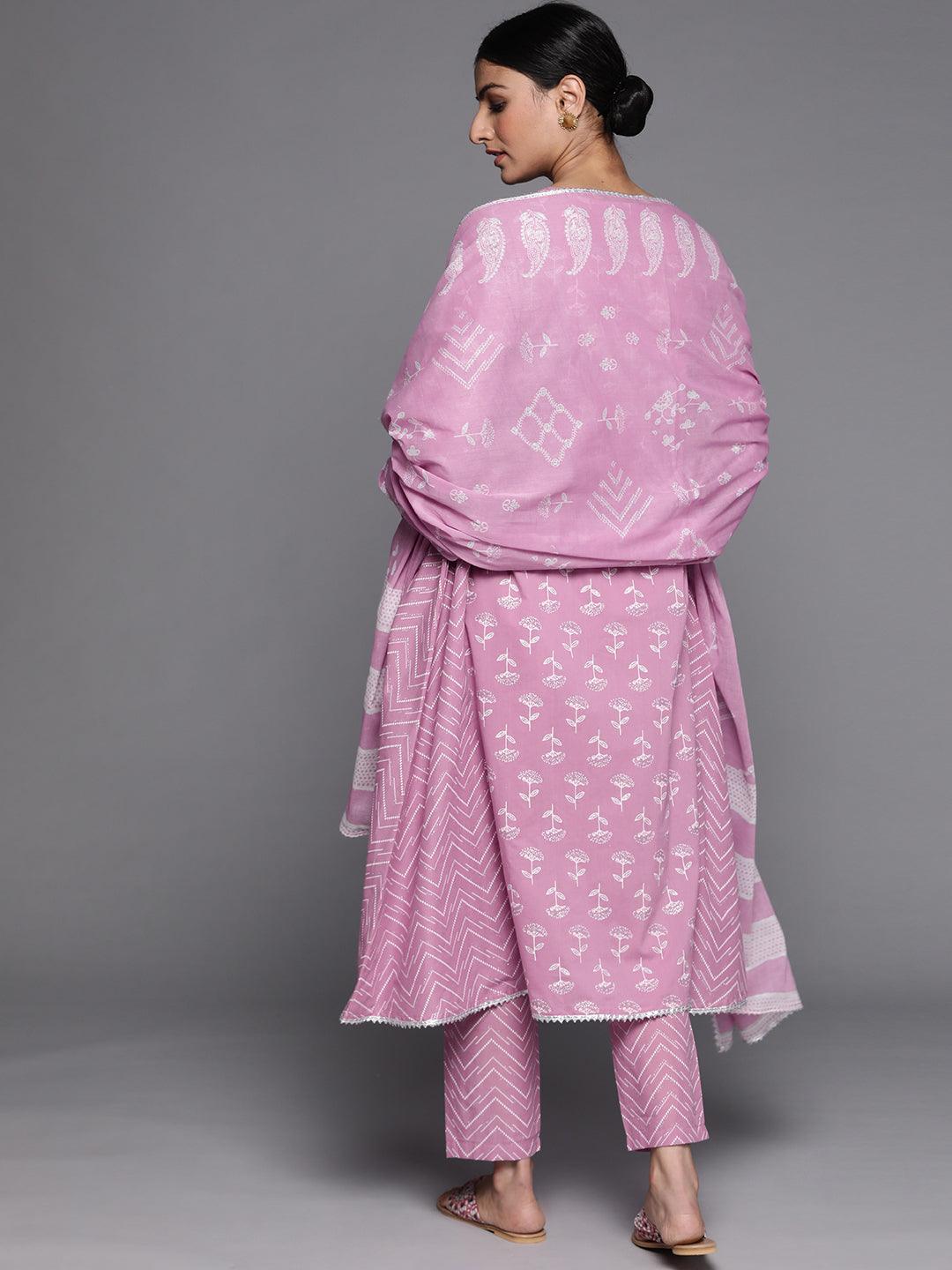 Lavender Printed Cotton A-Line Kurta With Dupatta