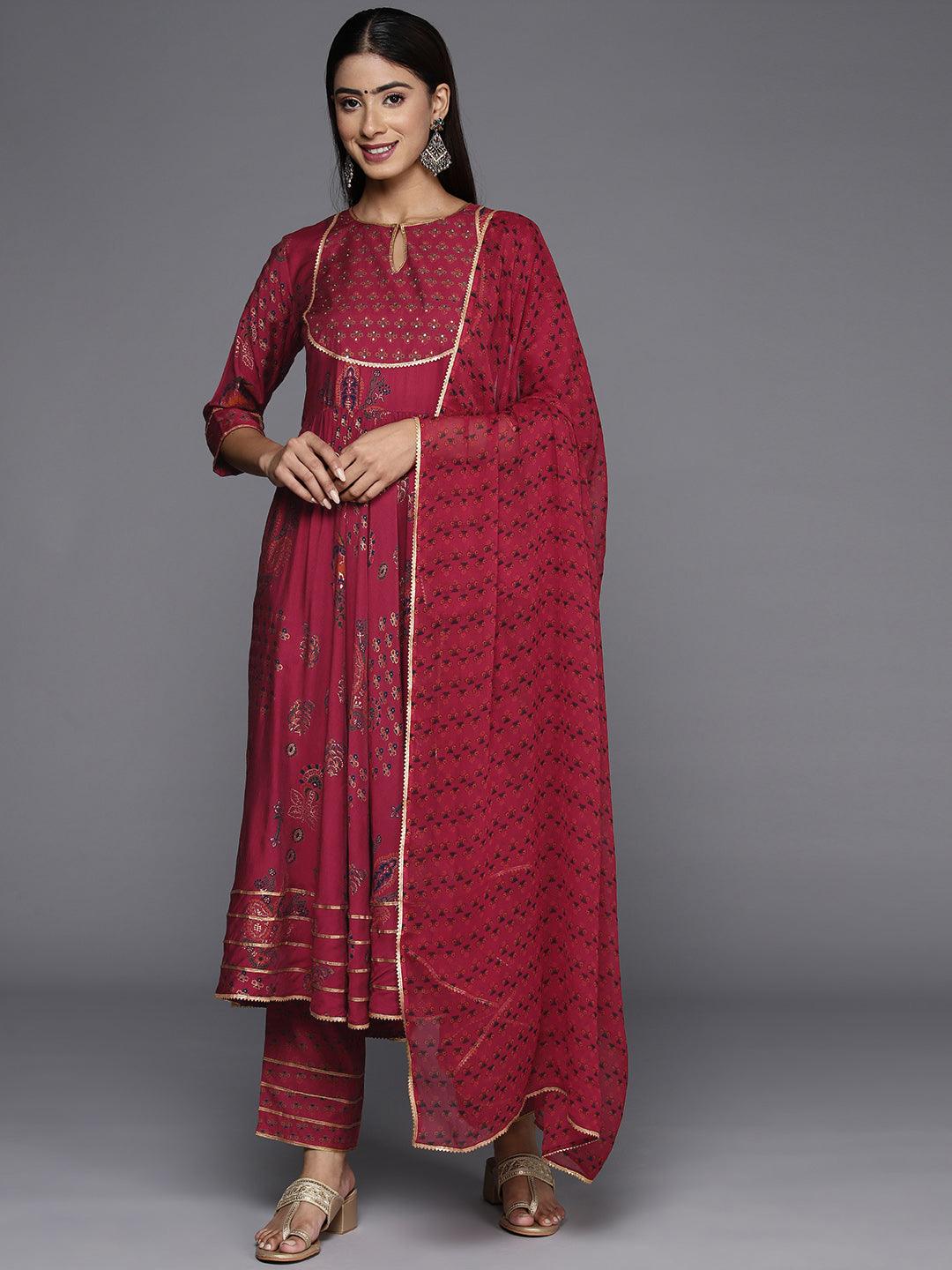 Red Printed Silk Blend Anarkali Kurta With Trousers & Dupatt