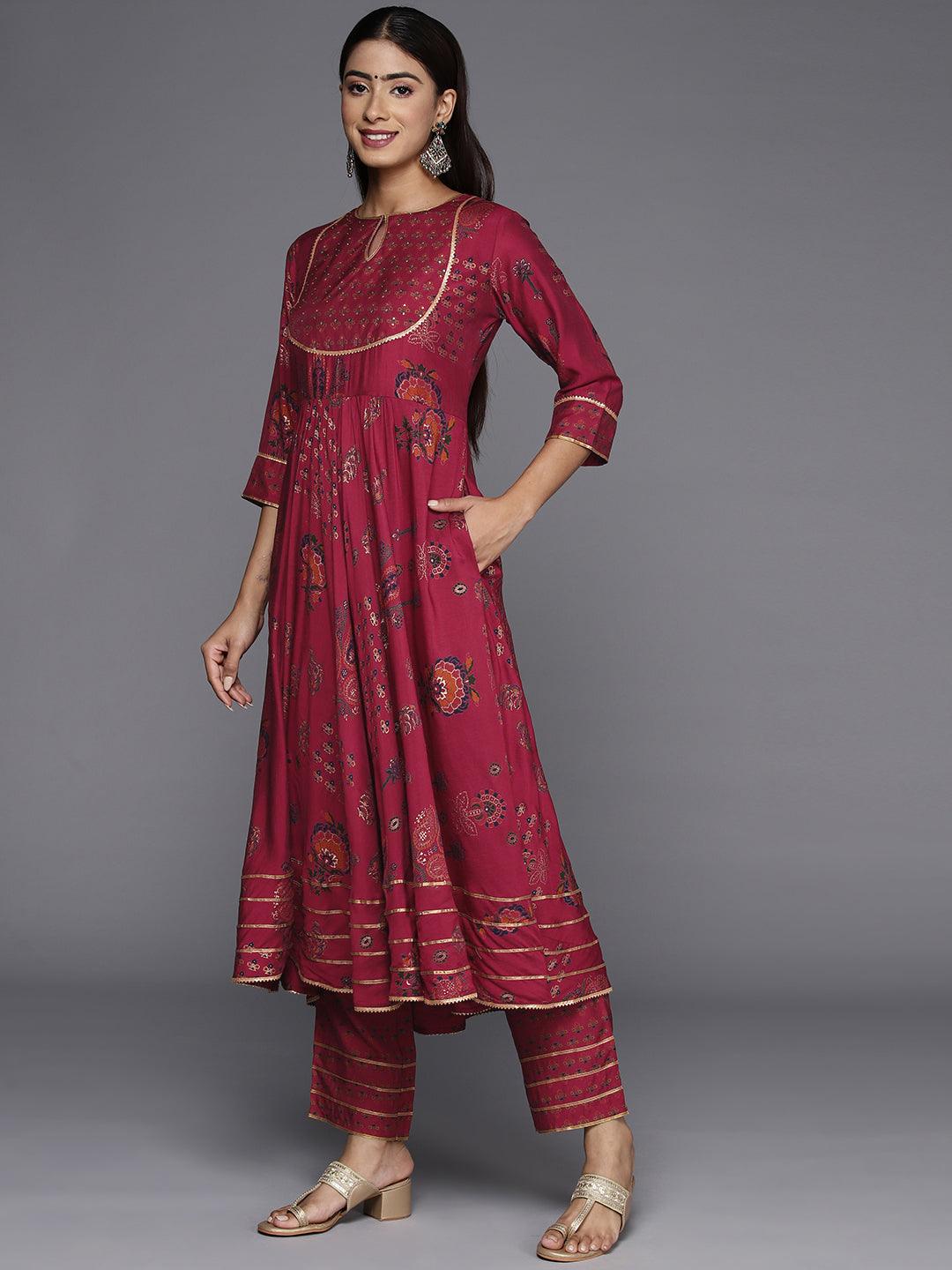 Red Printed Silk Blend Anarkali Kurta With Trousers & Dupatt