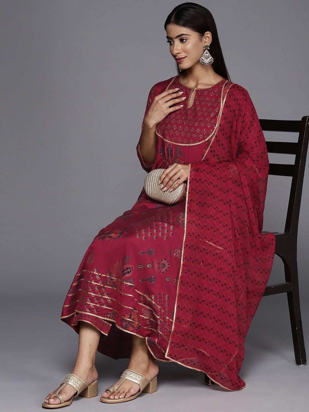 Red Printed Silk Blend Anarkali Kurta With Trousers & Dupatt