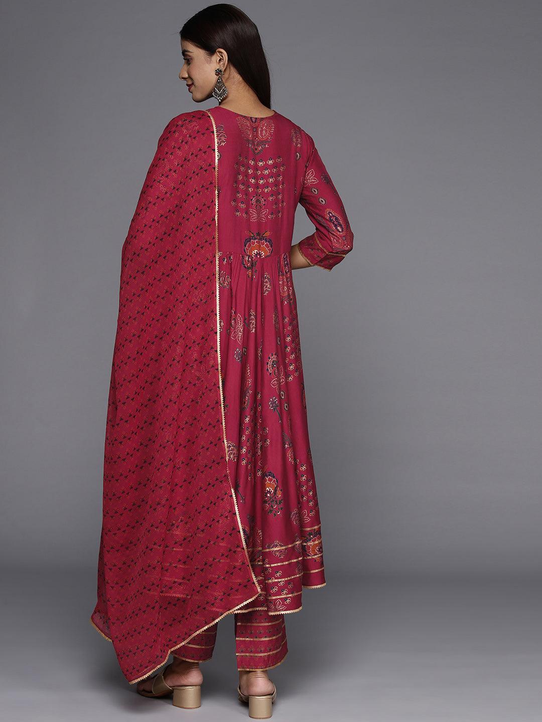 Red Printed Silk Blend Anarkali Kurta With Trousers & Dupatt