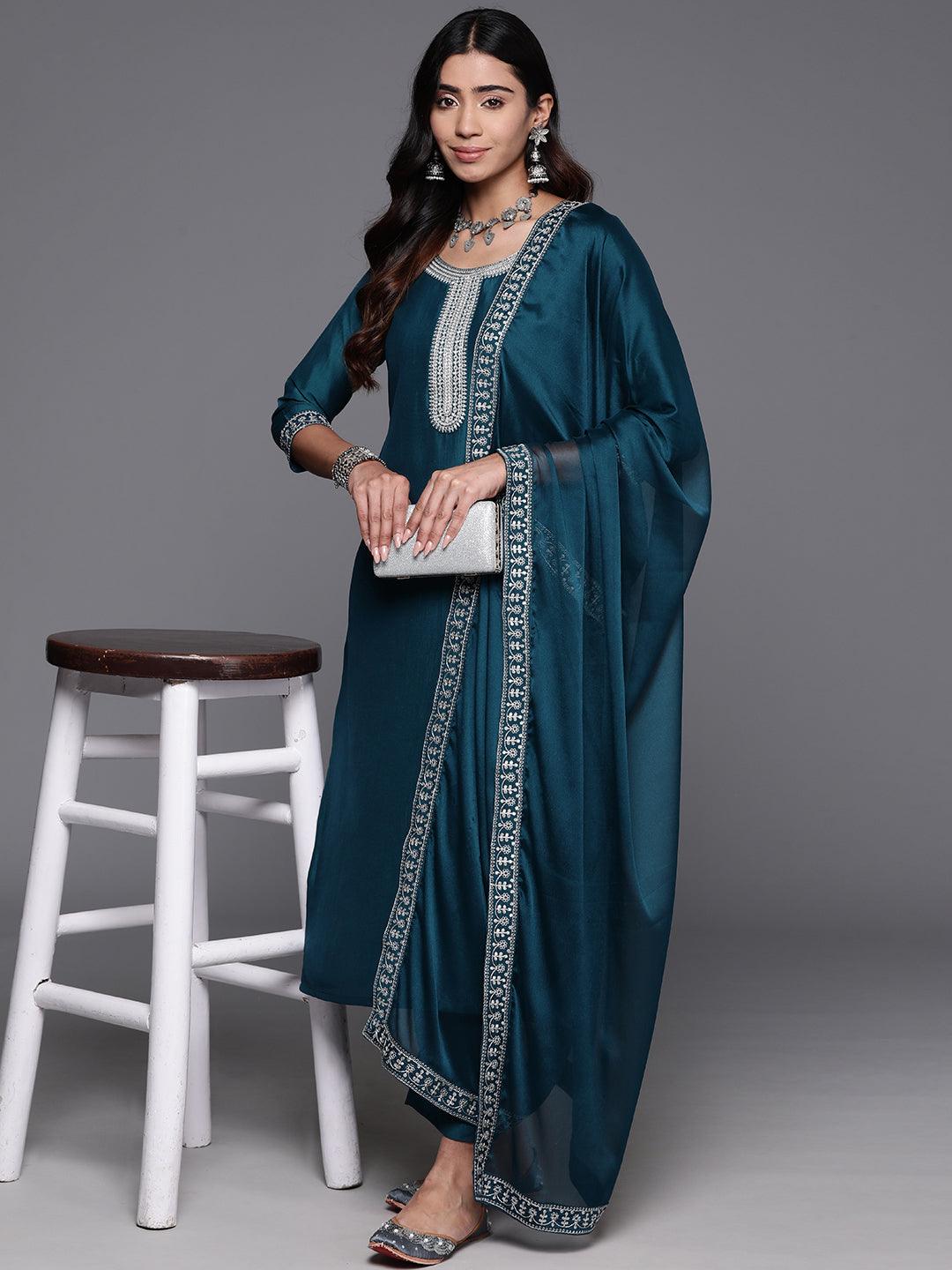 Teal Yoke Design Silk Blend Straight Kurta With Trousers & Dupatta