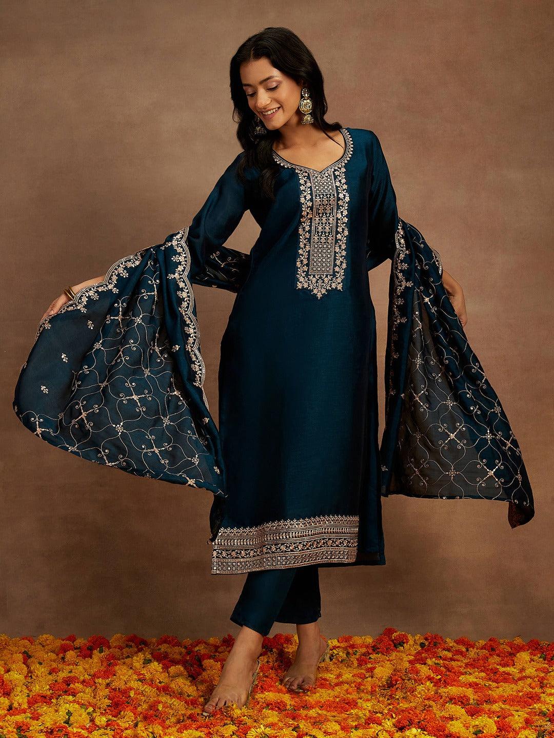 Teal Yoke Design Silk Blend Straight Kurta With Trousers & Dupatta