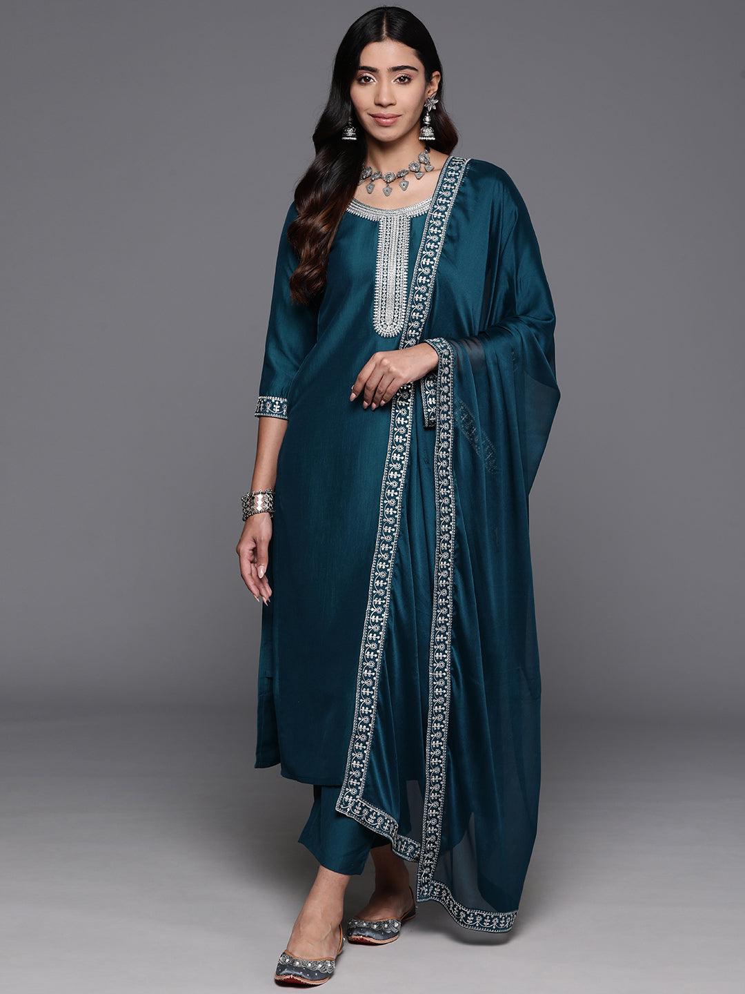 Teal Yoke Design Silk Blend Straight Kurta With Trousers & Dupatta