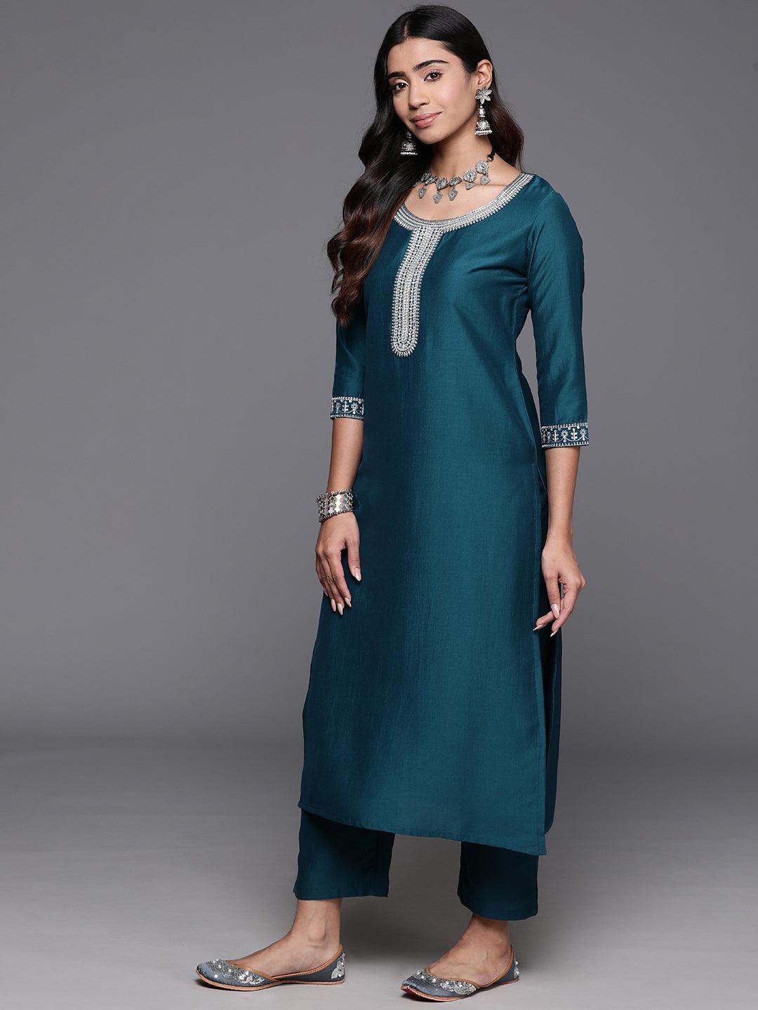 Teal Yoke Design Silk Blend Straight Kurta With Trousers & Dupatta