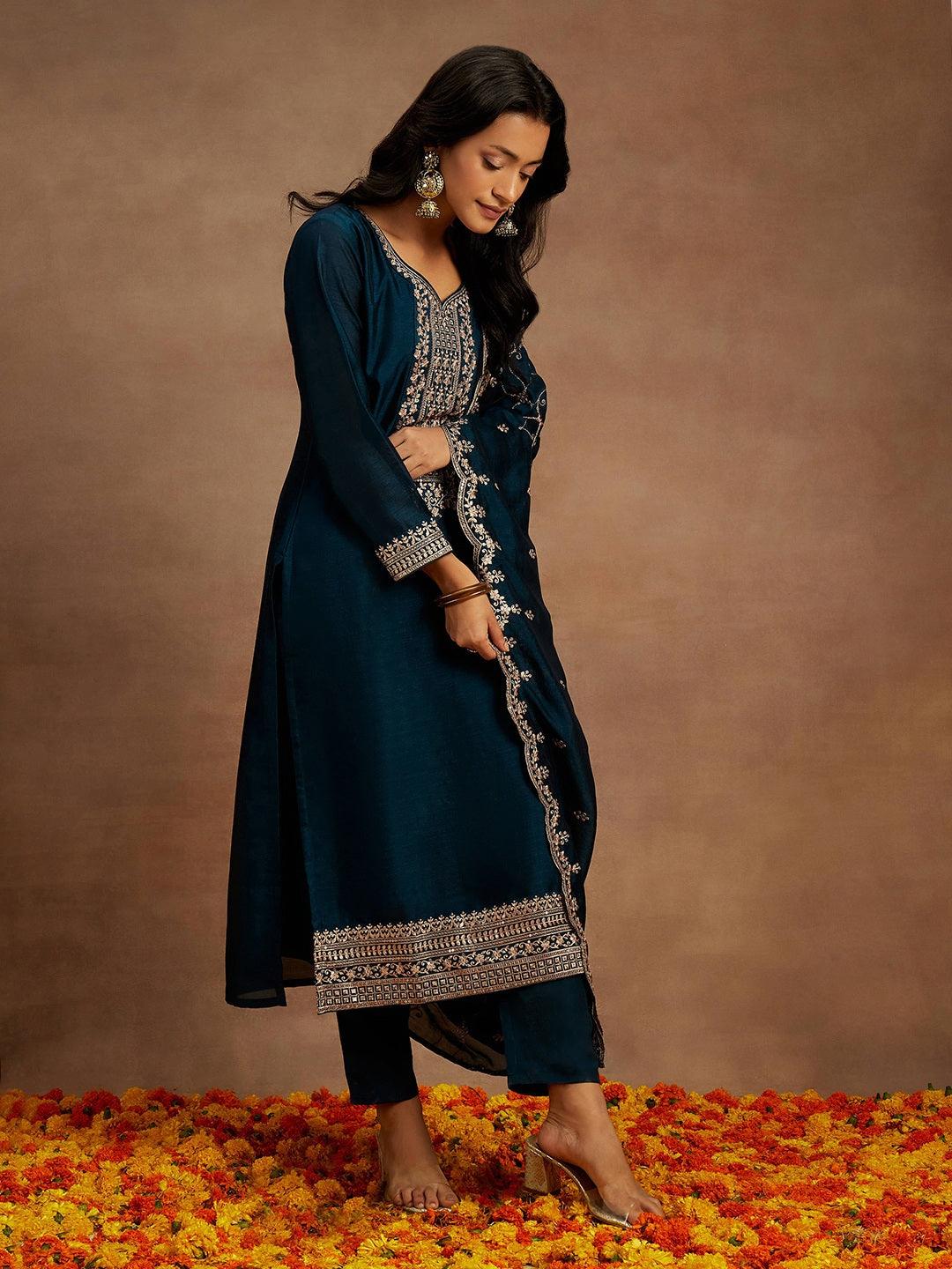 Teal Yoke Design Silk Blend Straight Kurta With Trousers & Dupatta