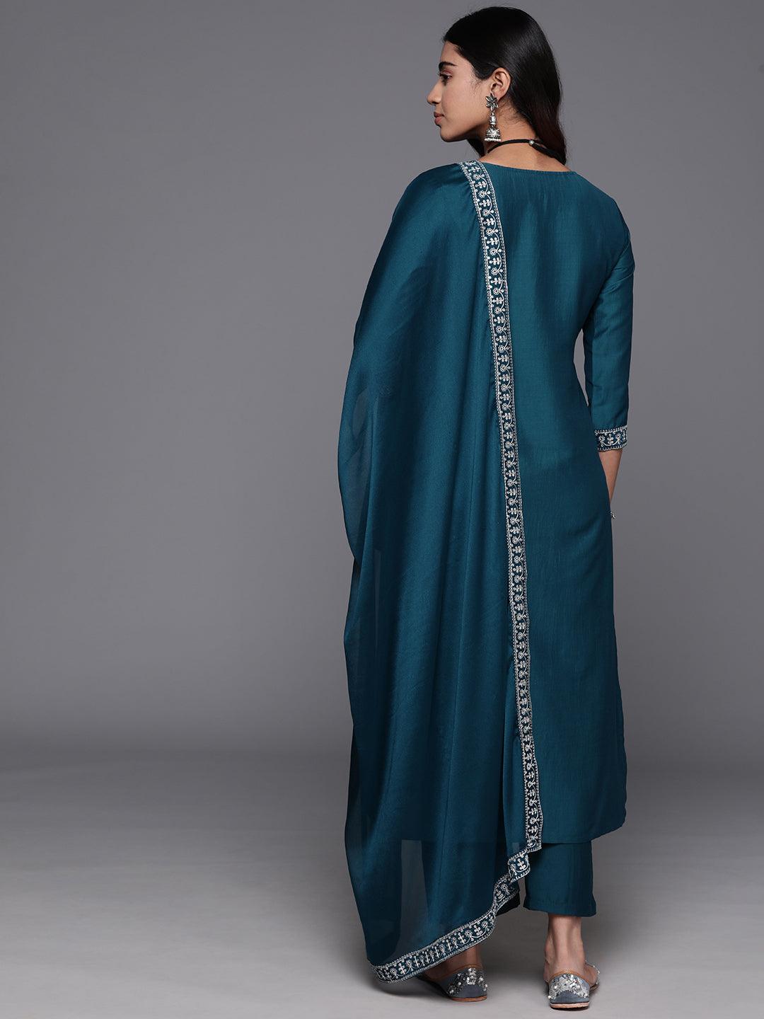 Teal Yoke Design Silk Blend Straight Kurta With Trousers & Dupatta