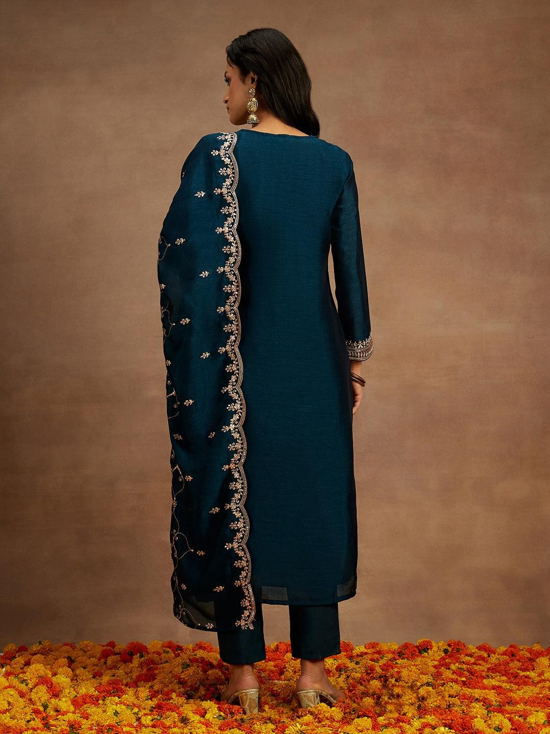 Teal Yoke Design Silk Blend Straight Kurta With Trousers & Dupatta