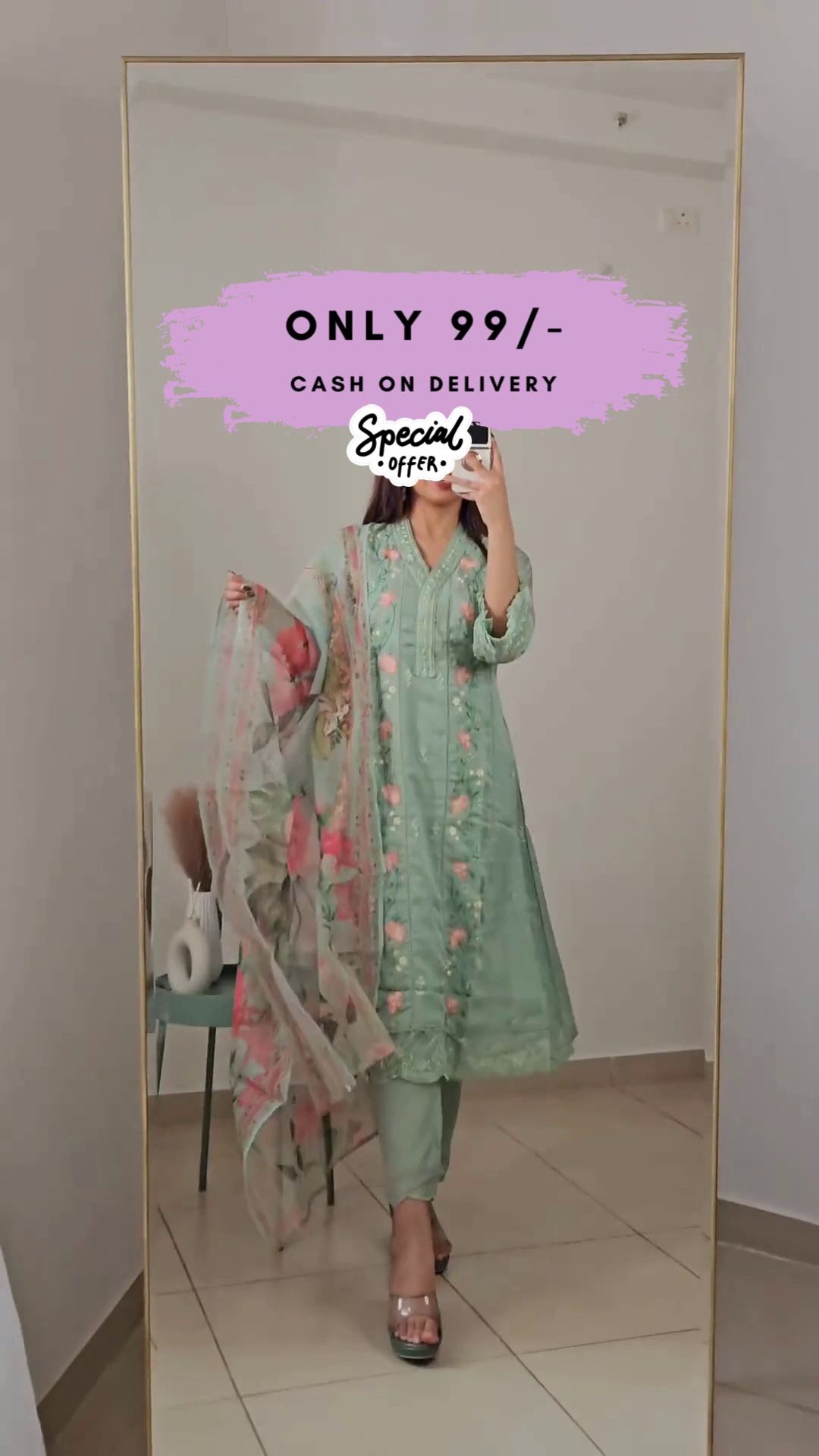 Sea green and pink embroidered kurta with trousers with dupatta