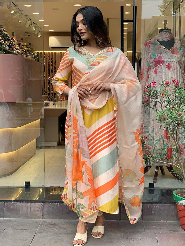 Orange Chinon Lining Kurti With Palazzo & Dupatta Set