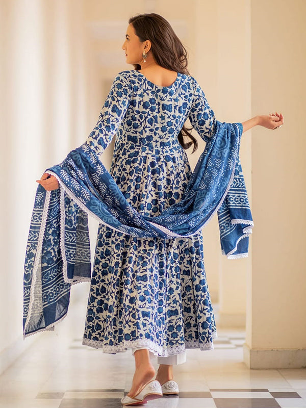 Blue Cotton Printed Kurti With Pant & Dupatta Set