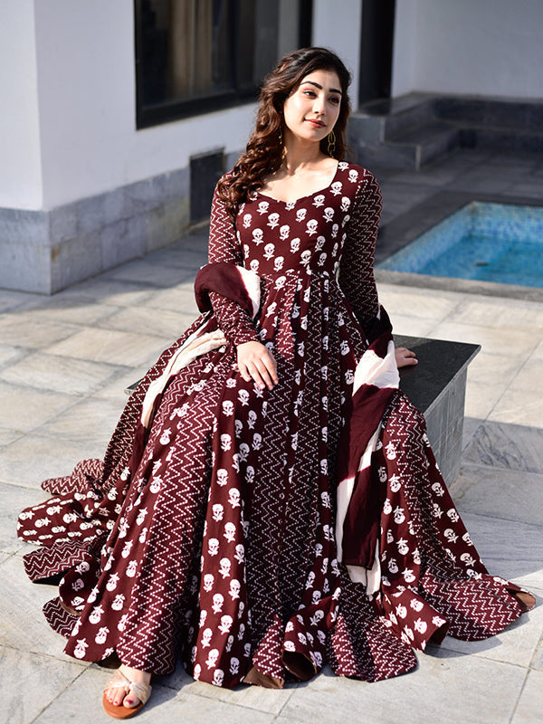 Coffee Maroon Anarkali Gown With Dupatta Set