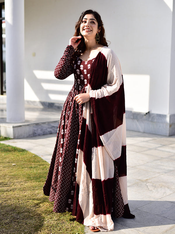 Coffee Maroon Anarkali Gown With Dupatta Set