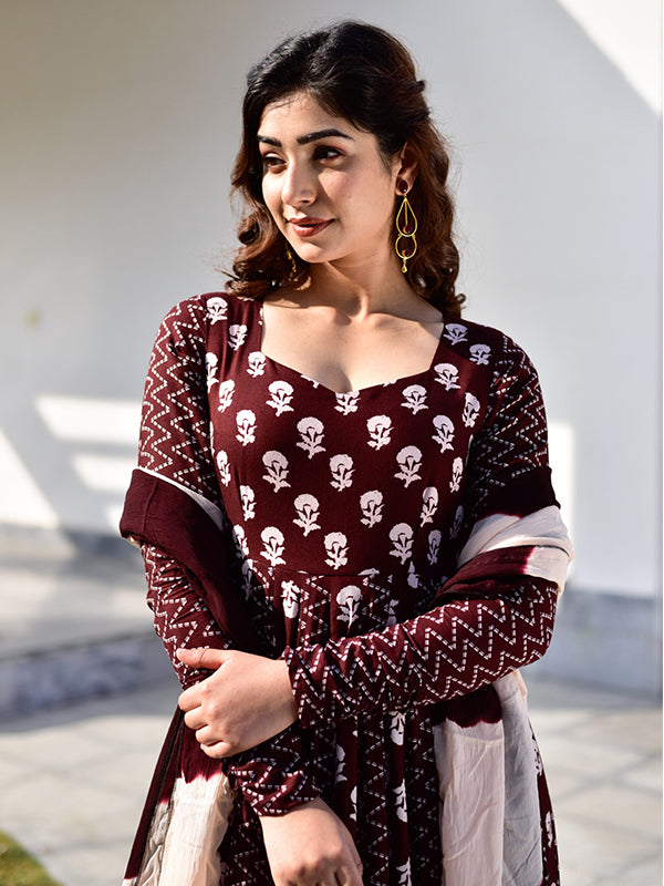 Coffee Maroon Anarkali Gown With Dupatta Set