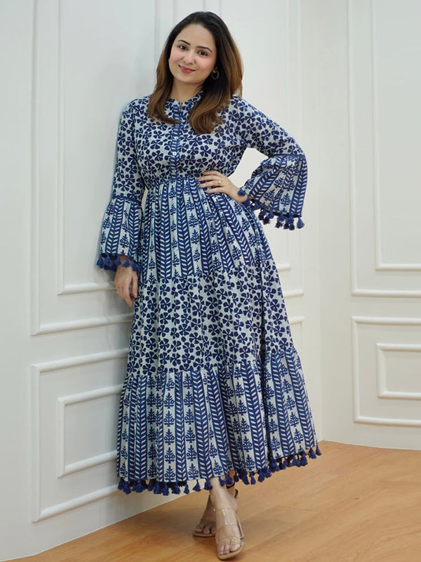 Indigo Blue Cotton Floral Printed A-line Gown