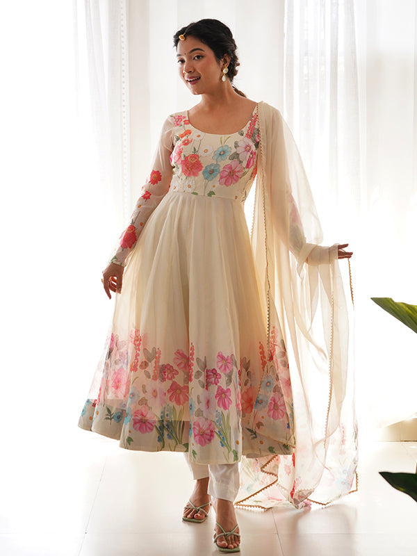 Cream Flower Printed Anarkali Gown With Pant & Dupatta Set