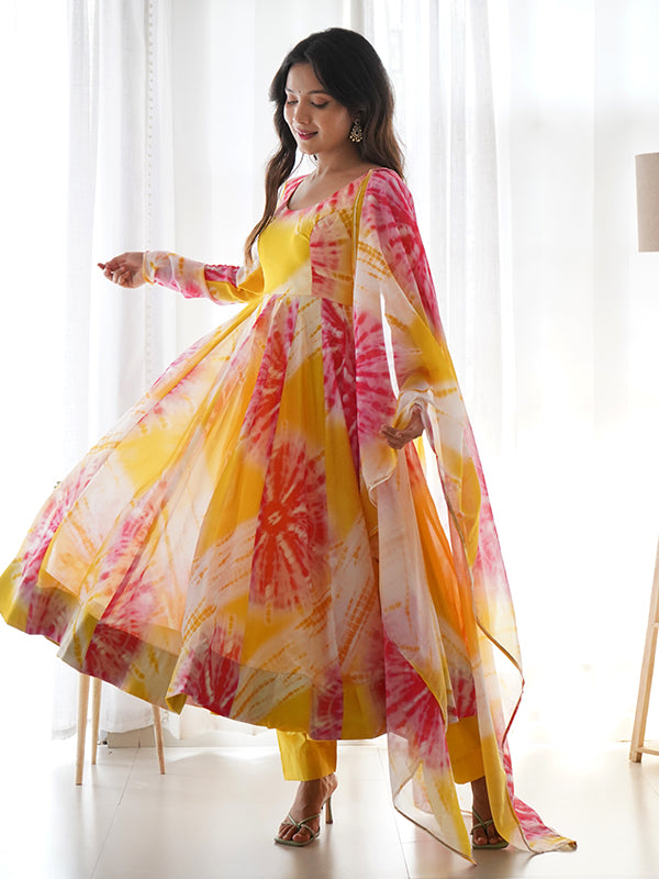 Yellow Organza Printed Anarkali Kurti With Pant & Dupatta Set