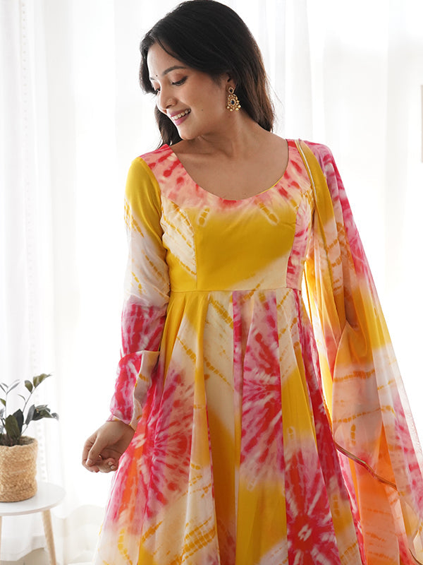 Yellow Organza Printed Anarkali Kurti With Pant & Dupatta Set