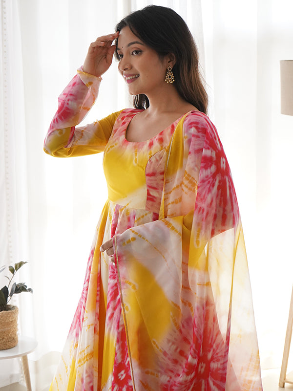 Yellow Organza Printed Anarkali Kurti With Pant & Dupatta Set