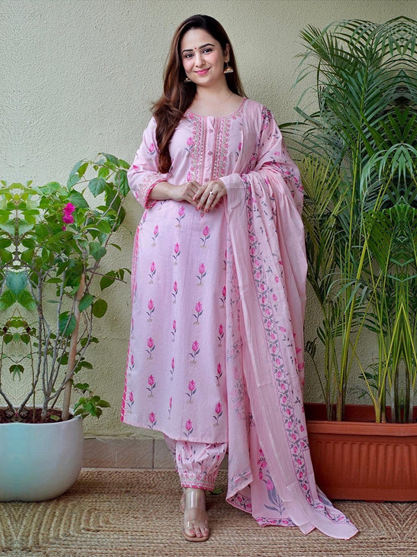 Baby Pink Cotton Afghani Kurti With Pant & Dupatta Set