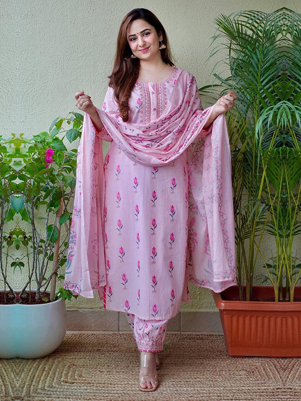 Baby Pink Cotton Afghani Kurti With Pant & Dupatta Set