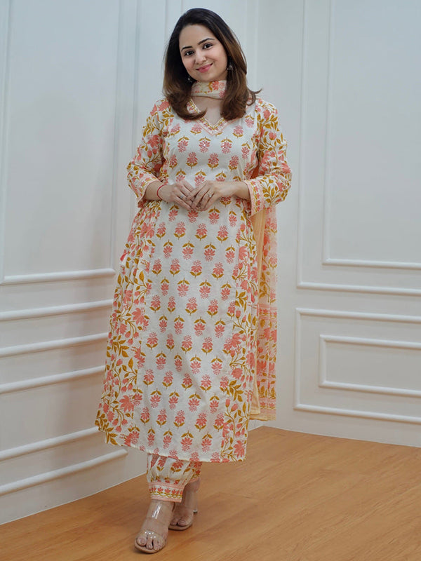 Orange Cotton Afghani Kurti With Pant & Dupatta Set