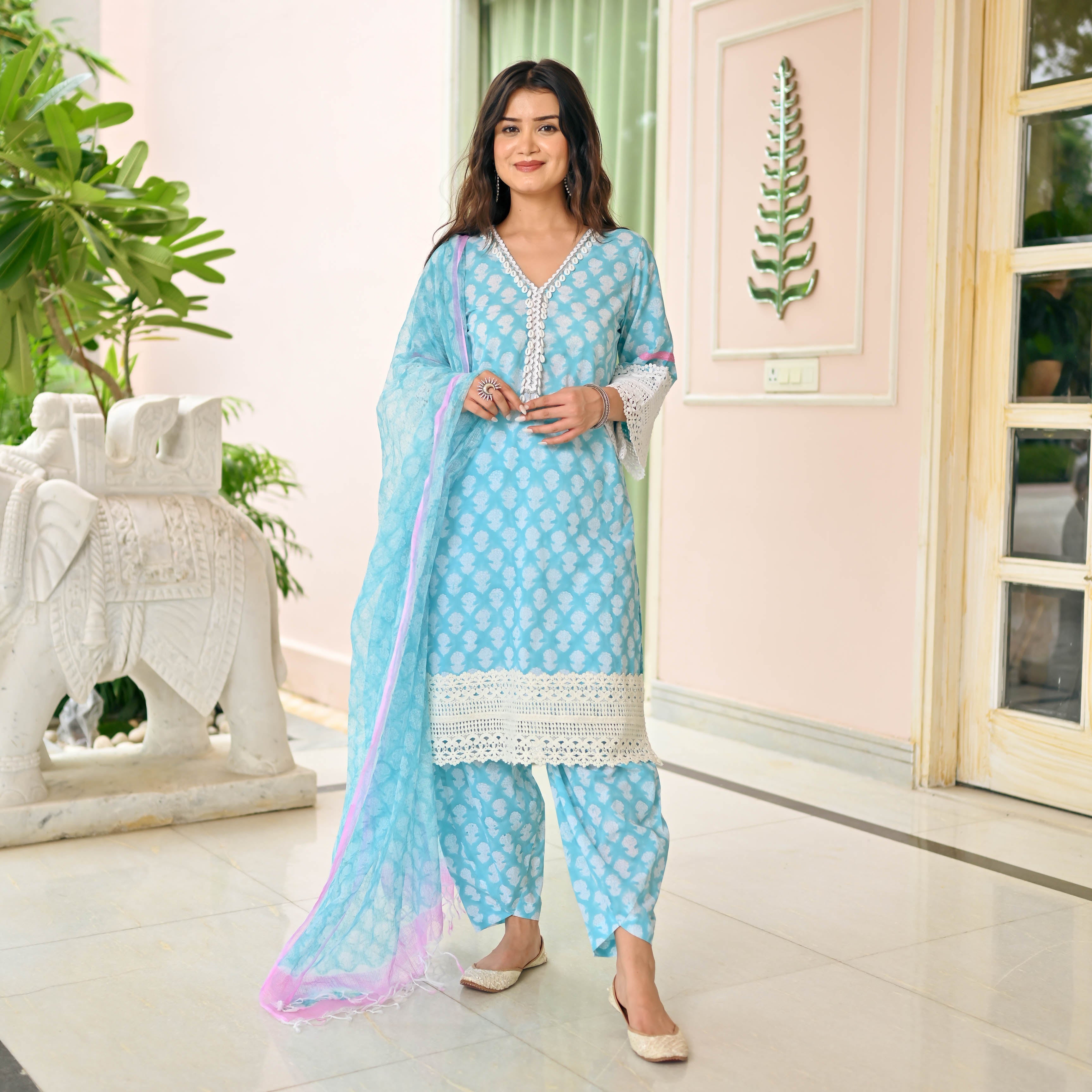 SKY BLUE HANDBLOCK PRINTED SUIT SET