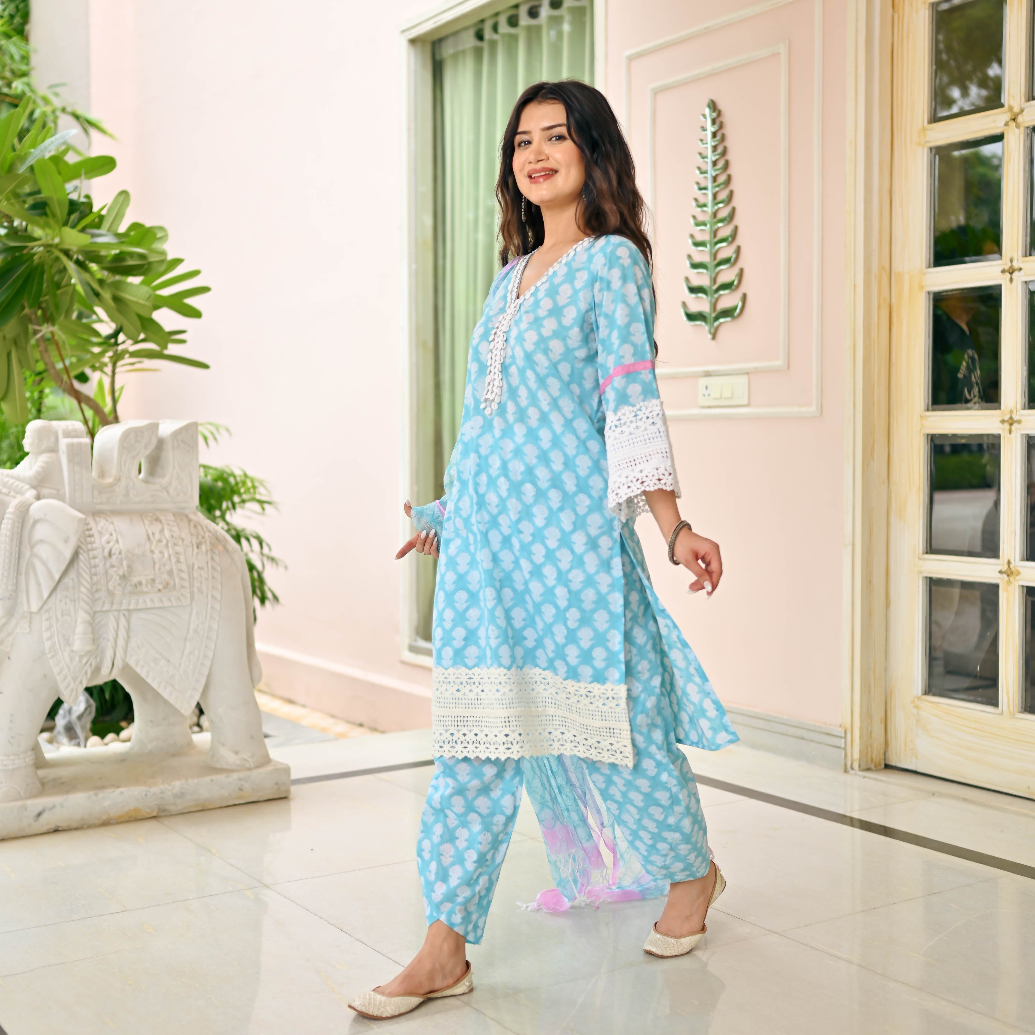 SKY BLUE HANDBLOCK PRINTED SUIT SET