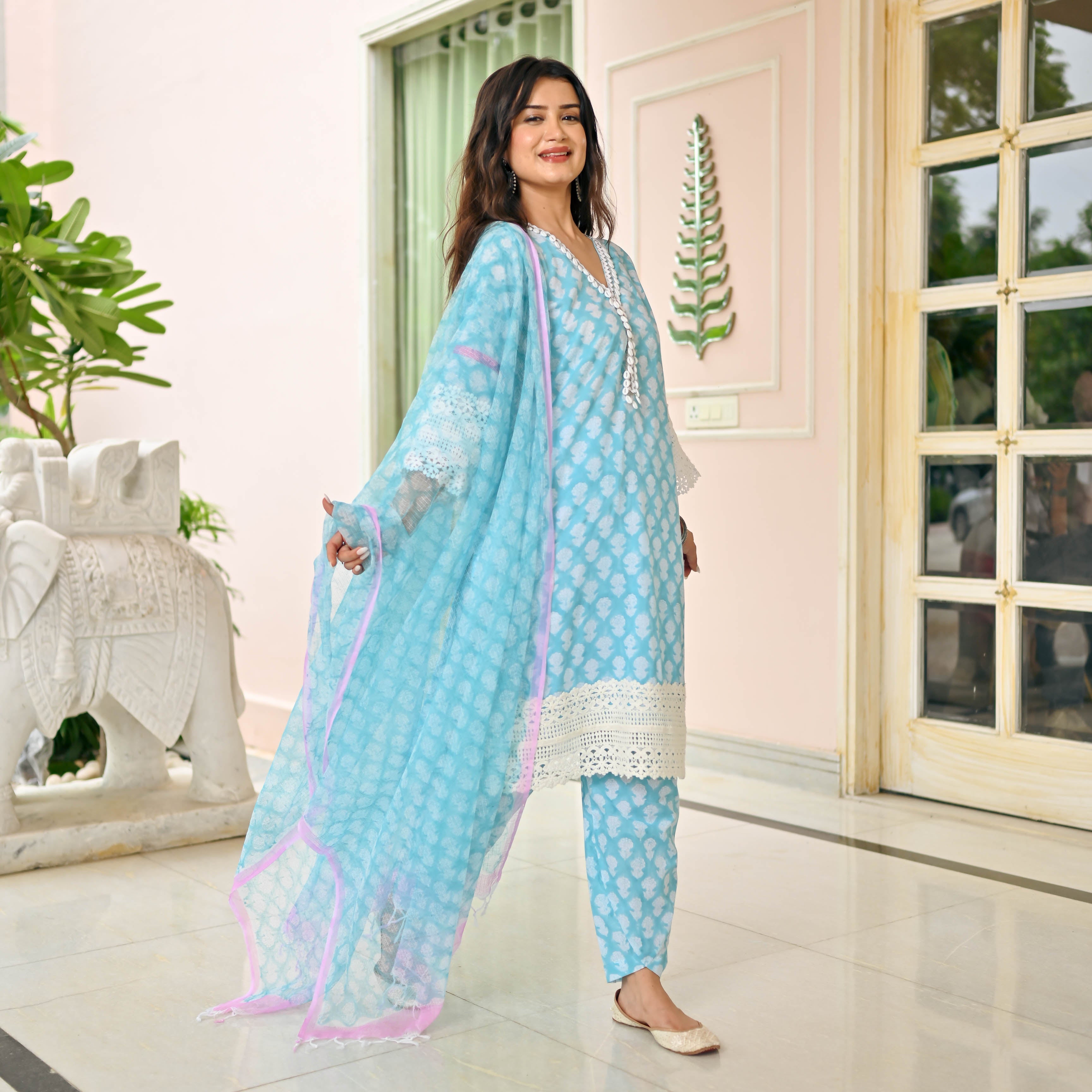 SKY BLUE HANDBLOCK PRINTED SUIT SET