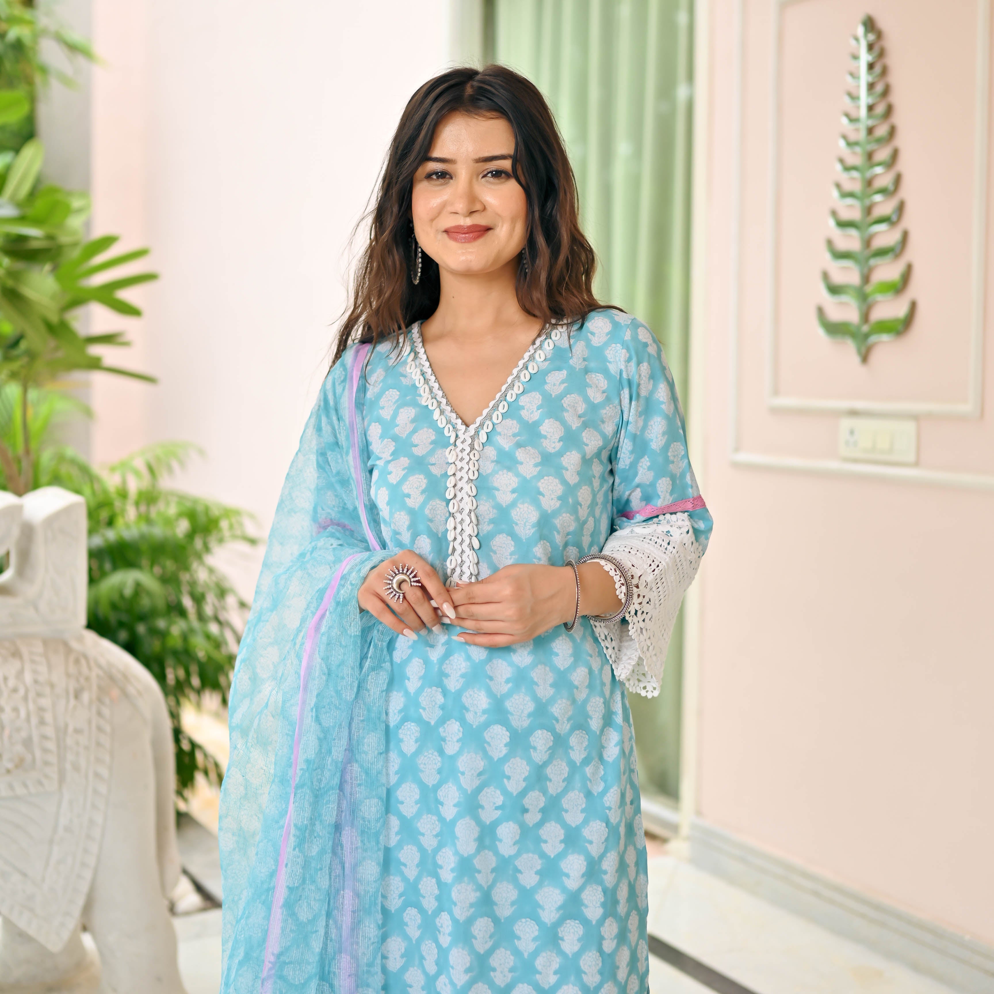 SKY BLUE HANDBLOCK PRINTED SUIT SET