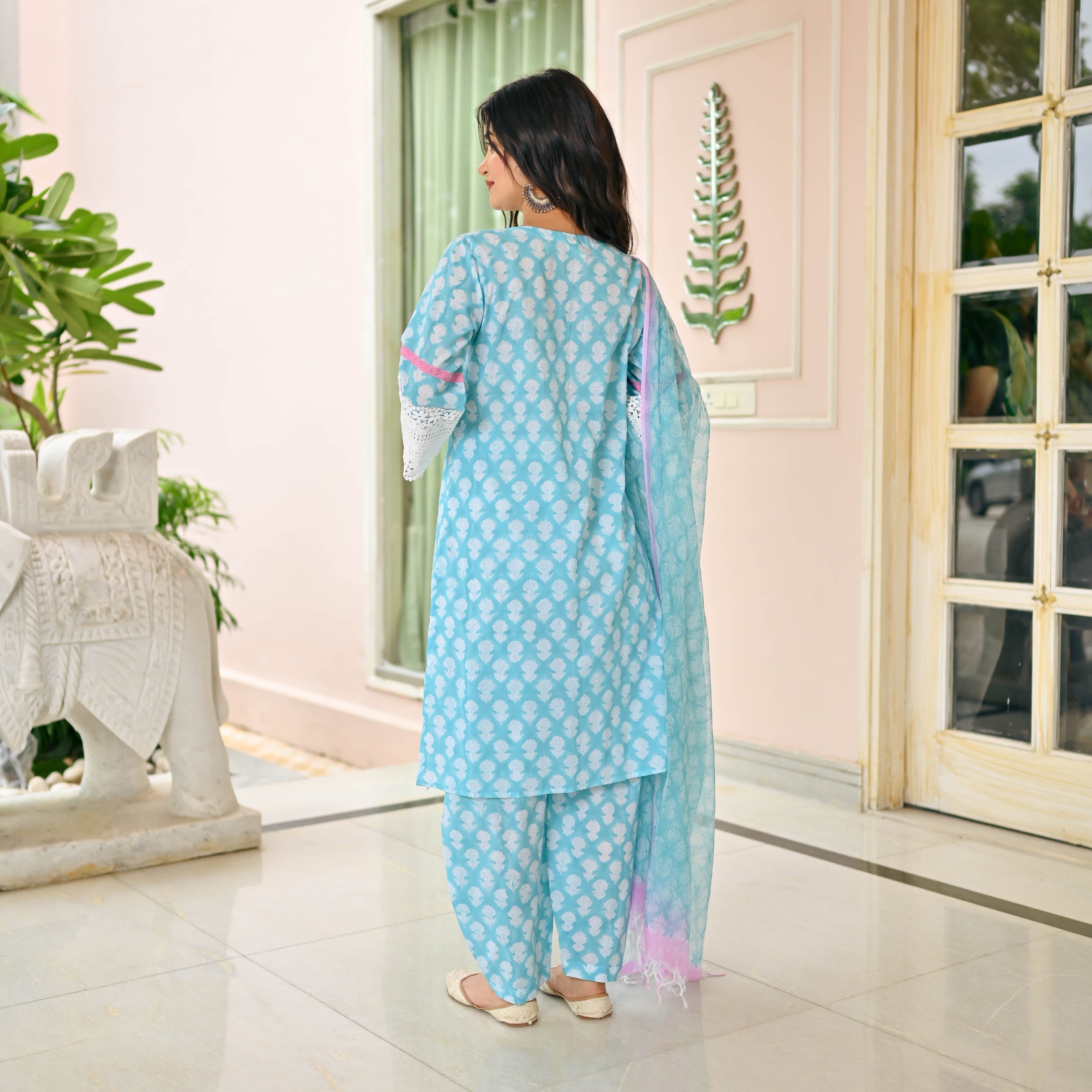 SKY BLUE HANDBLOCK PRINTED SUIT SET