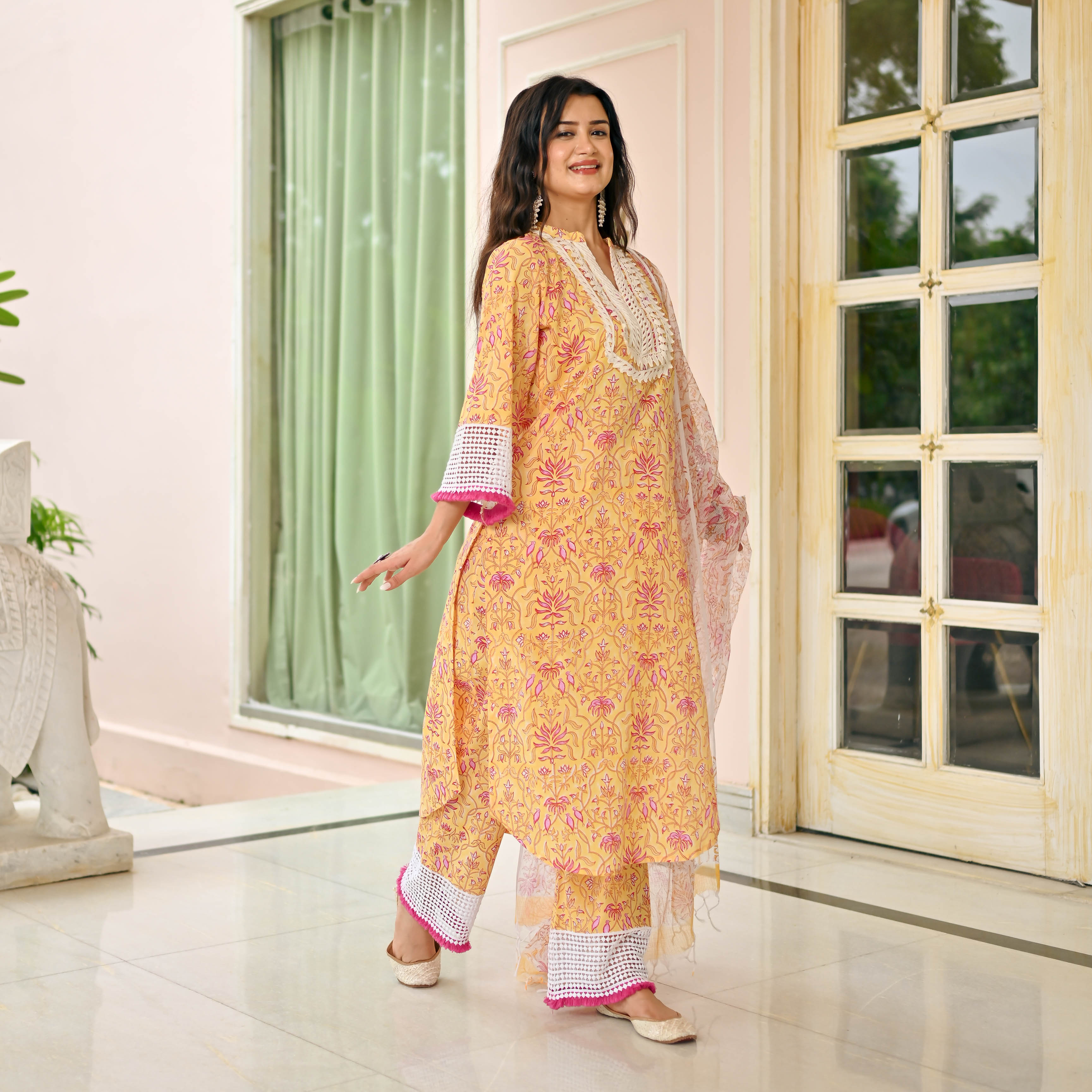 YELLOW PINK HANDBLOCK PRINTED SUIT SET